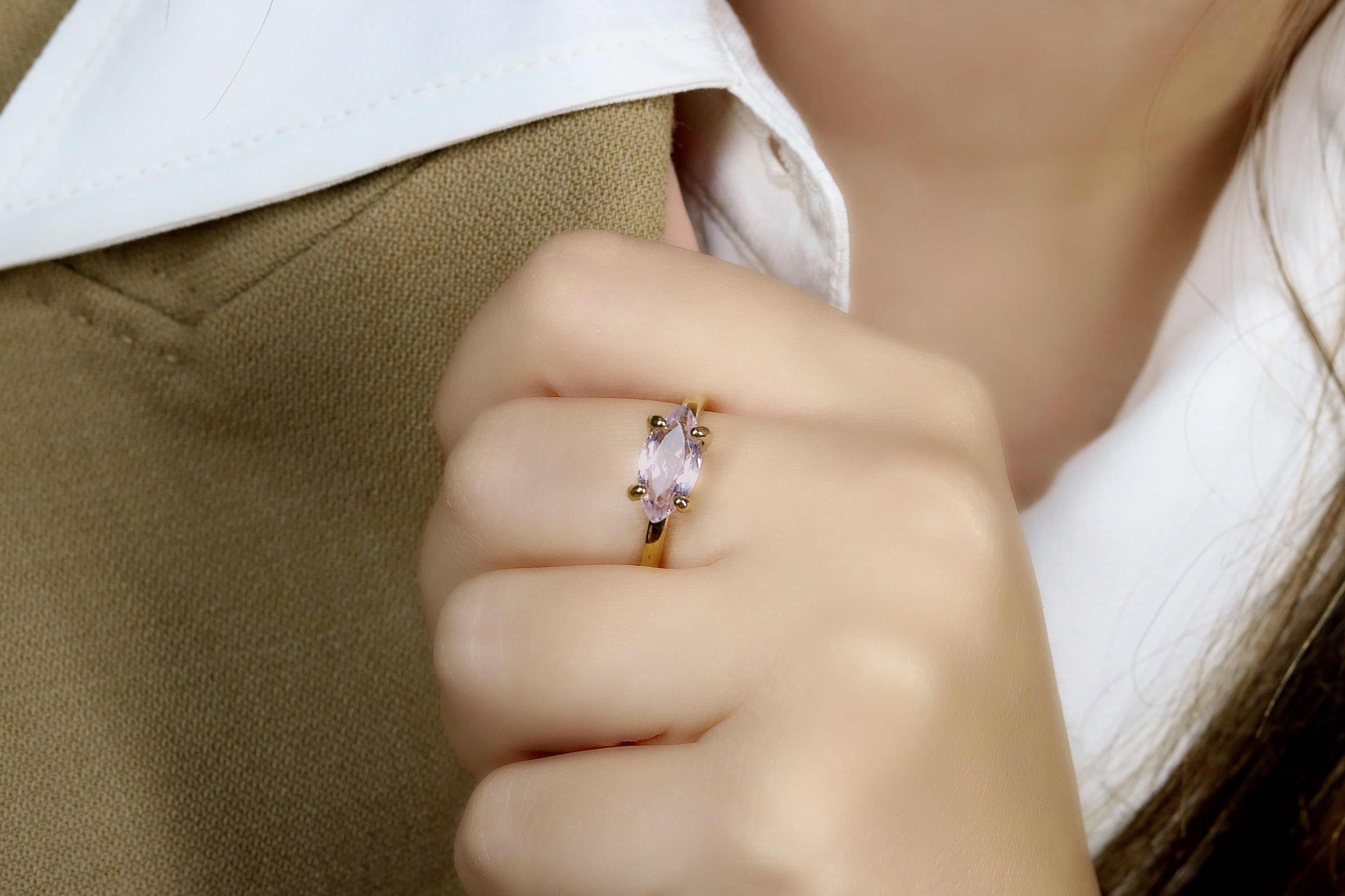 Delicate Marquise Rose Quartz Gold Ring Rings Anemone Unique