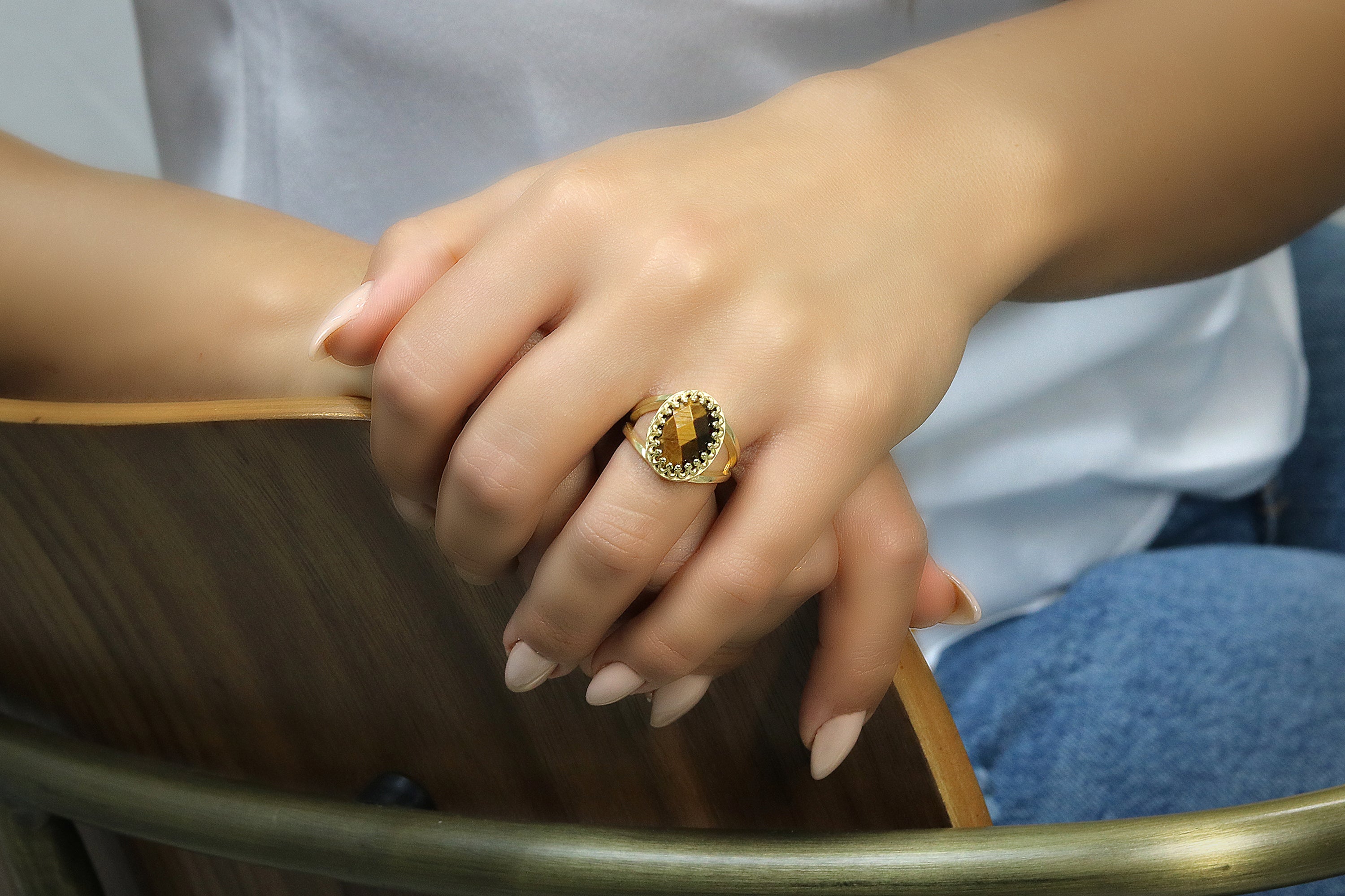 Unique Oval Tiger Eye Ring in 14k Gold Rings Anemone Jewelry