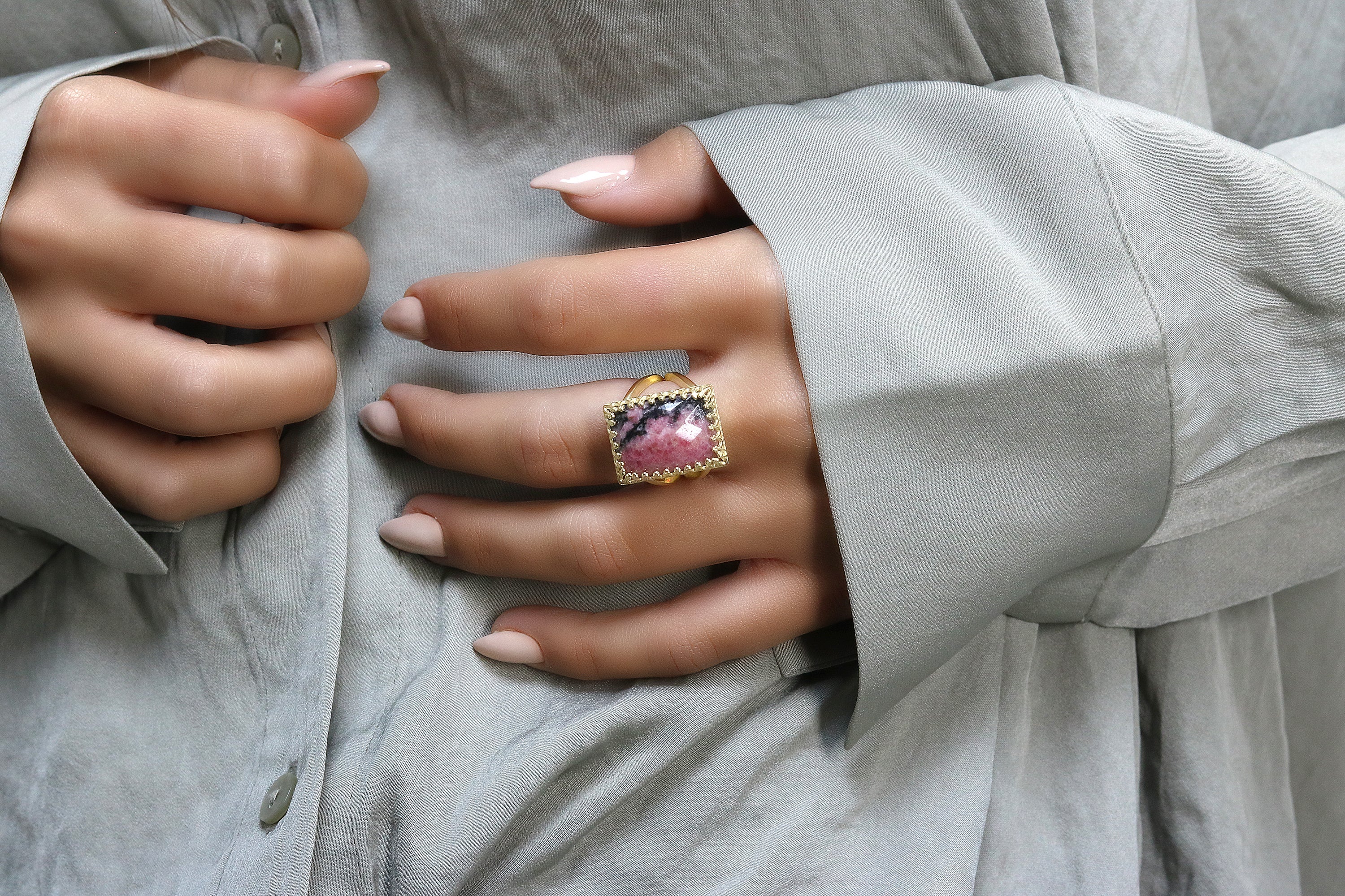 Statement Rectangle Cut Rhodonite 14k Gold Ring Rings Anemone Jewelry