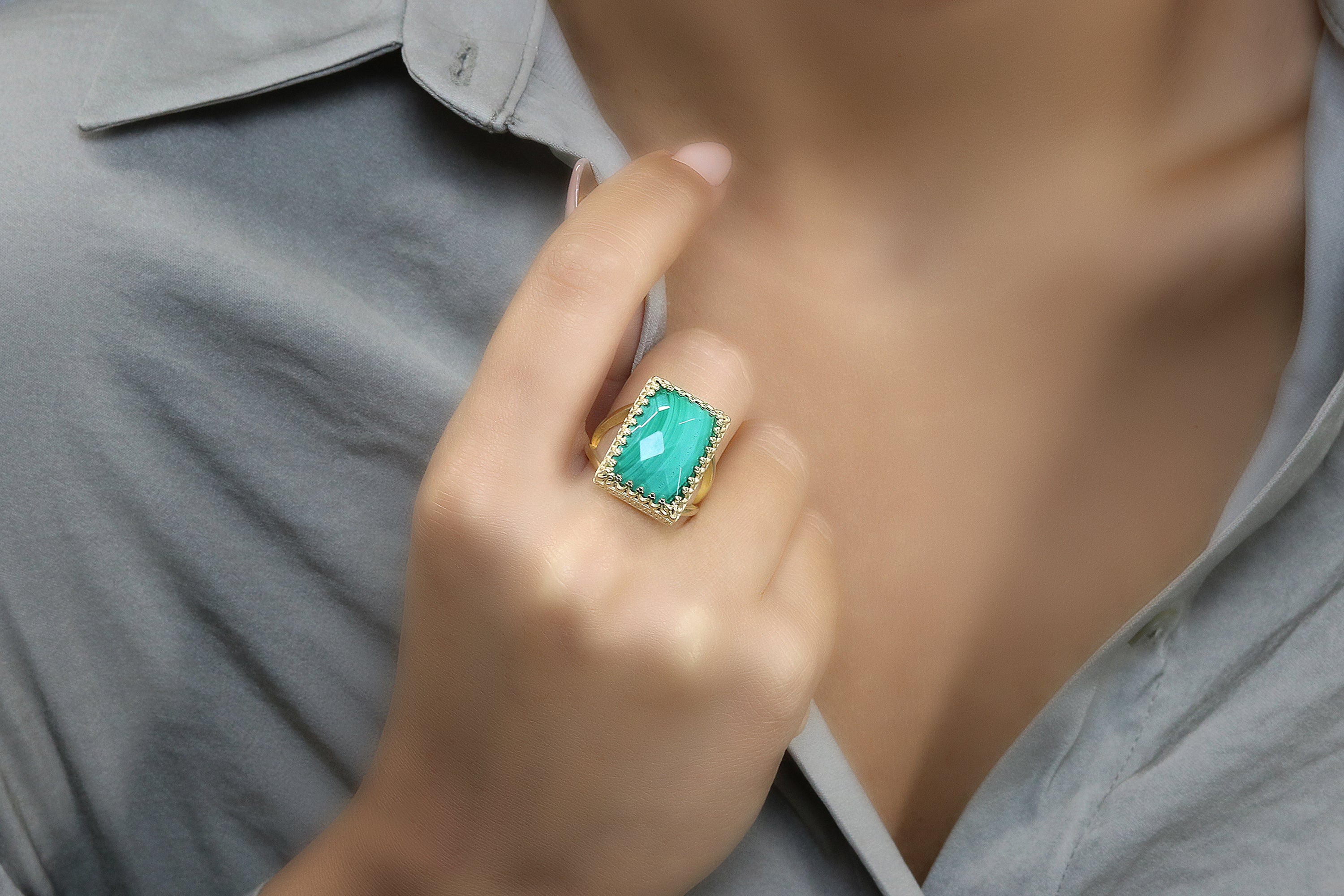 Rectangle Malachite Gemstone Ring in 14k Gold Rings Anemone Jewelry