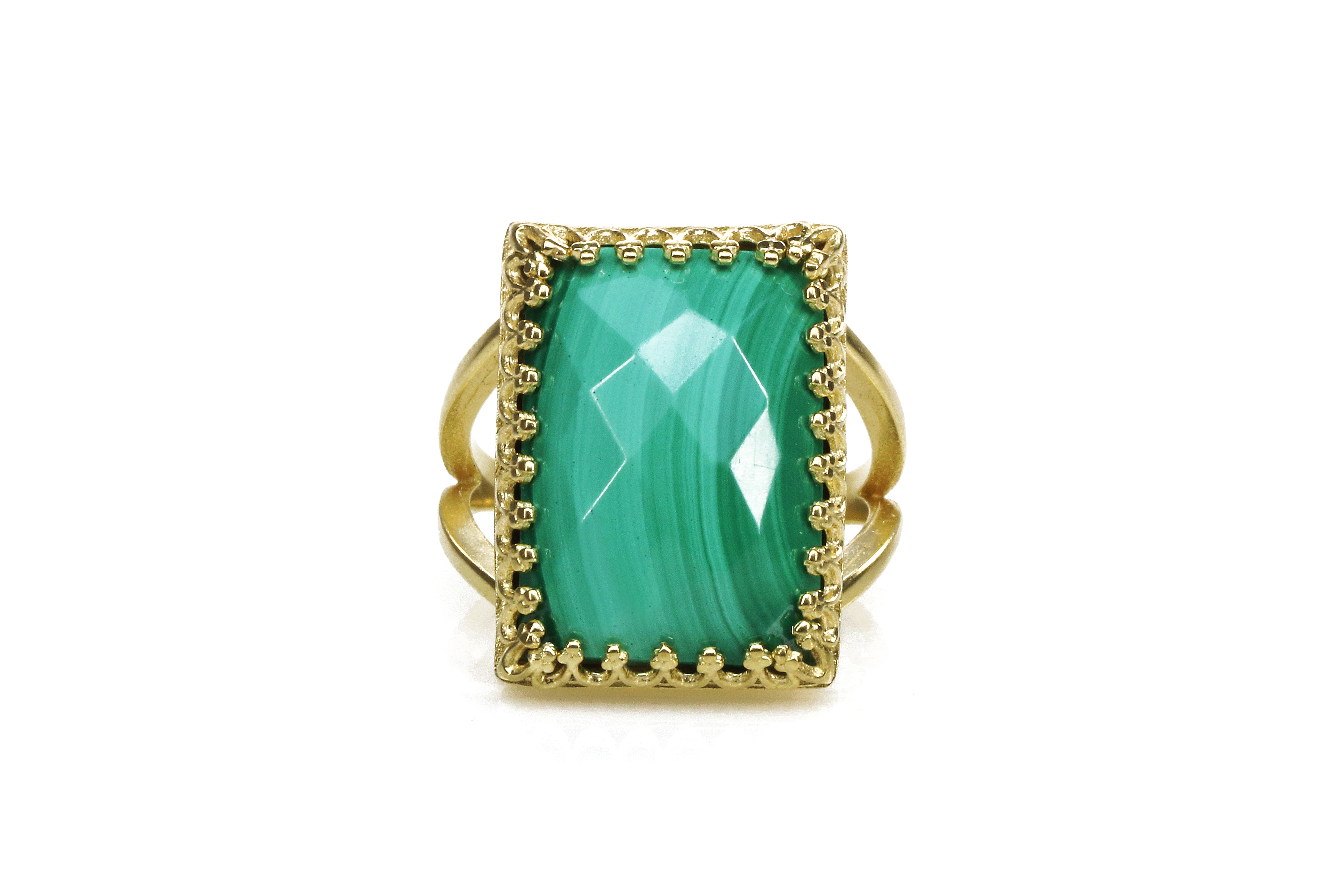 Rectangle Malachite Gemstone Ring in 14k Gold Rings Anemone Jewelry