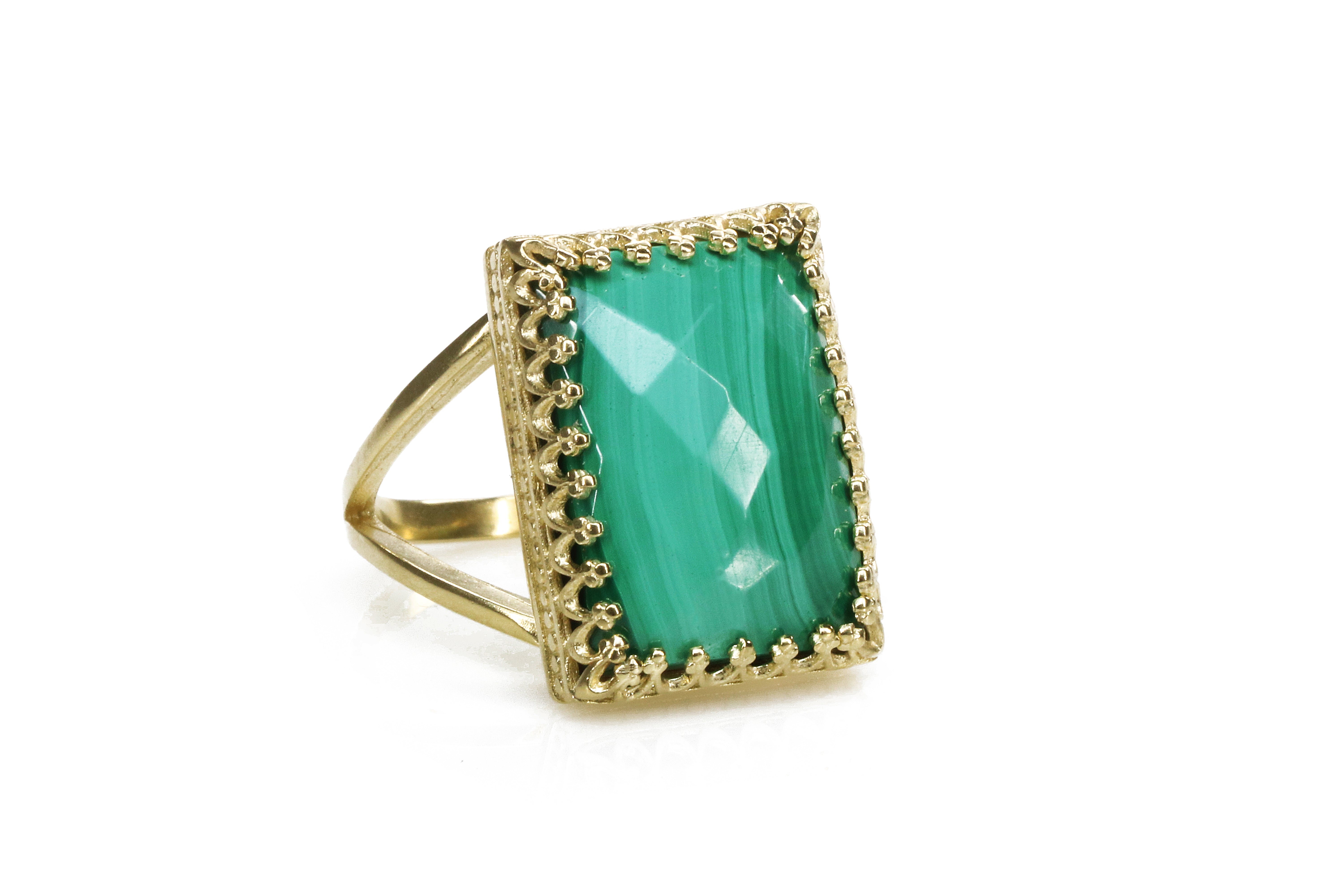 Rectangle Malachite Gemstone Ring in 14k Gold Rings Anemone Jewelry