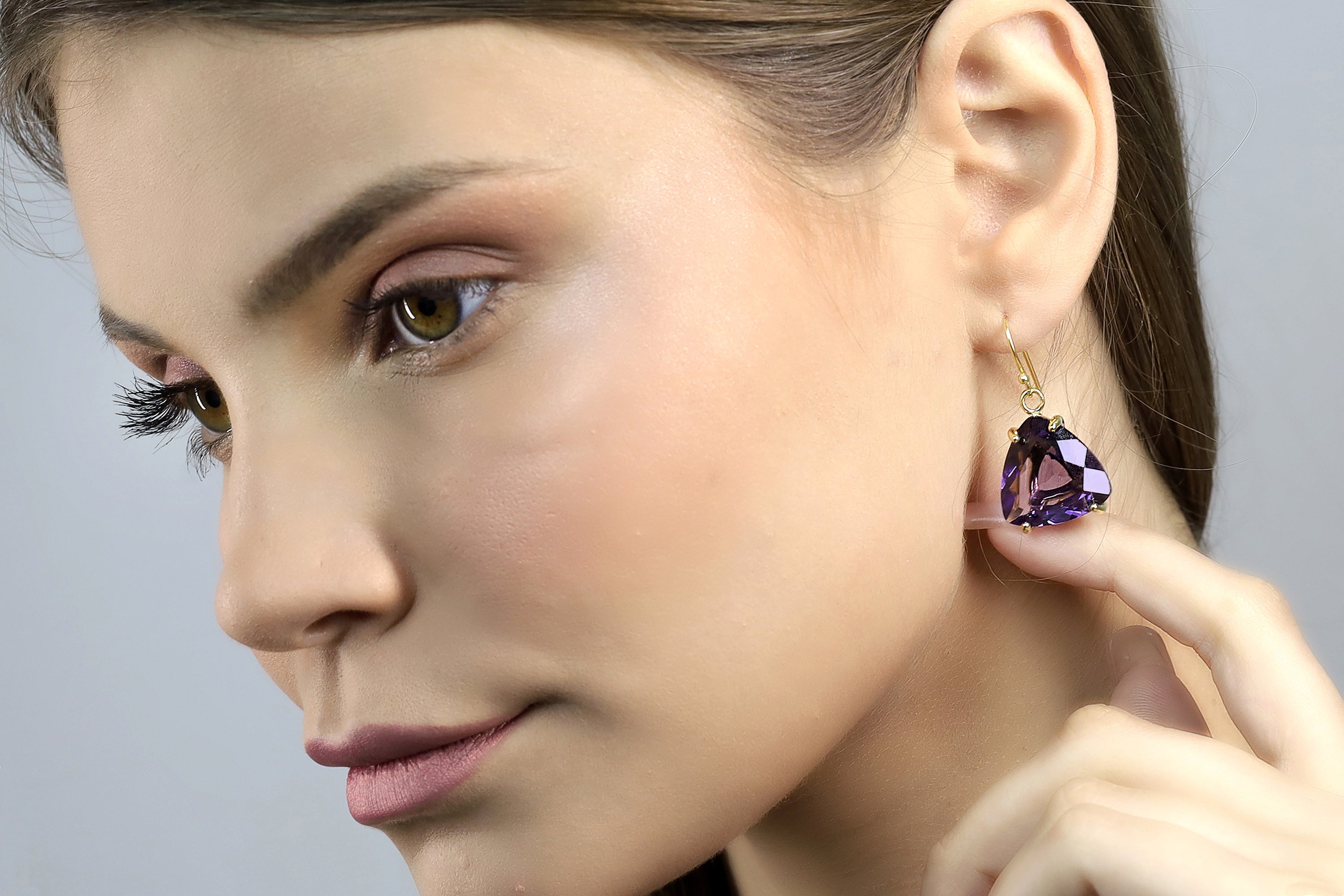 Trillion Cut Amethyst Gold Dangle Earrings Earrings Anemone Jewelry