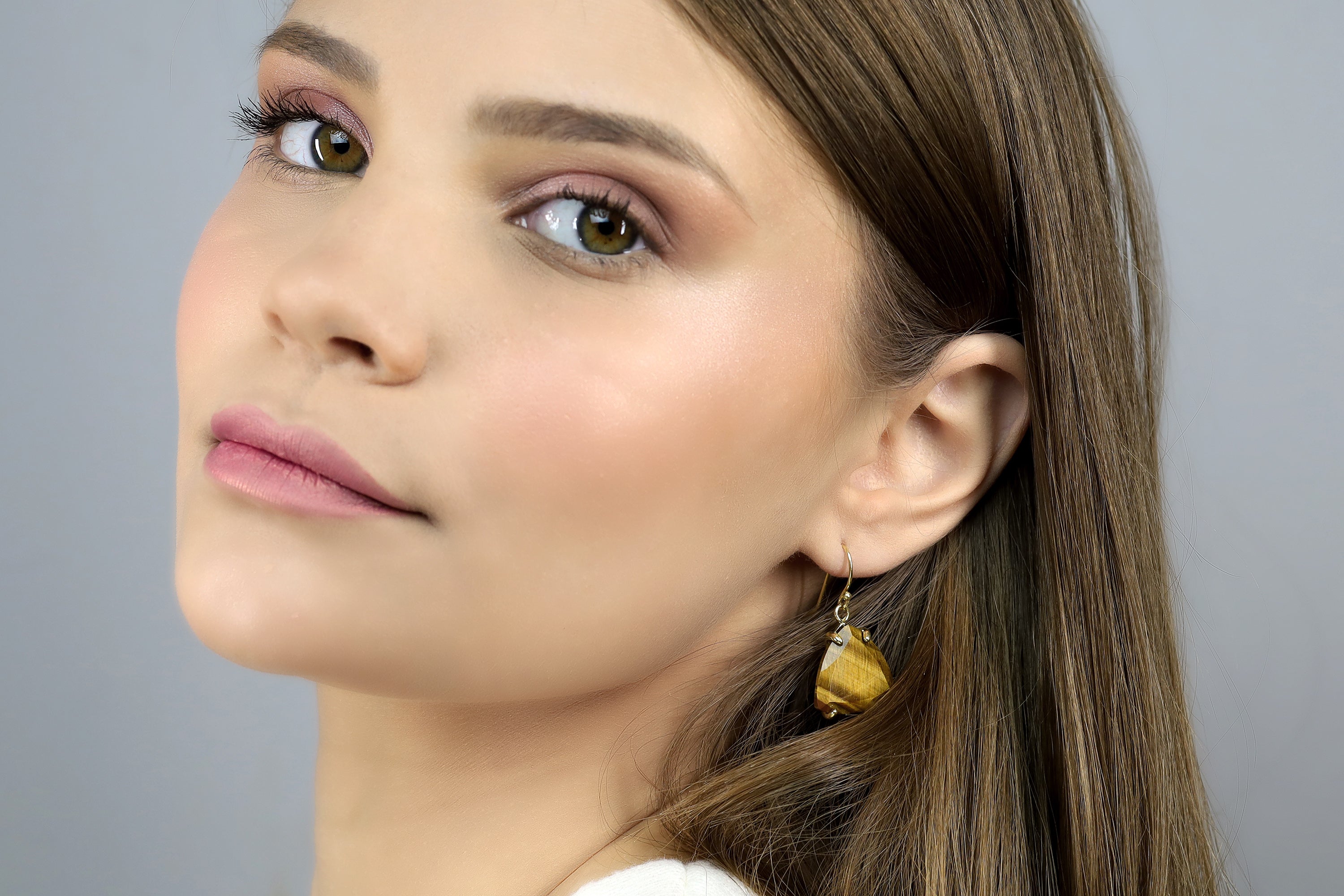 14k Gold Trillion Cut Tiger Eye Dangle Earrings Earrings Anemone Jewelry