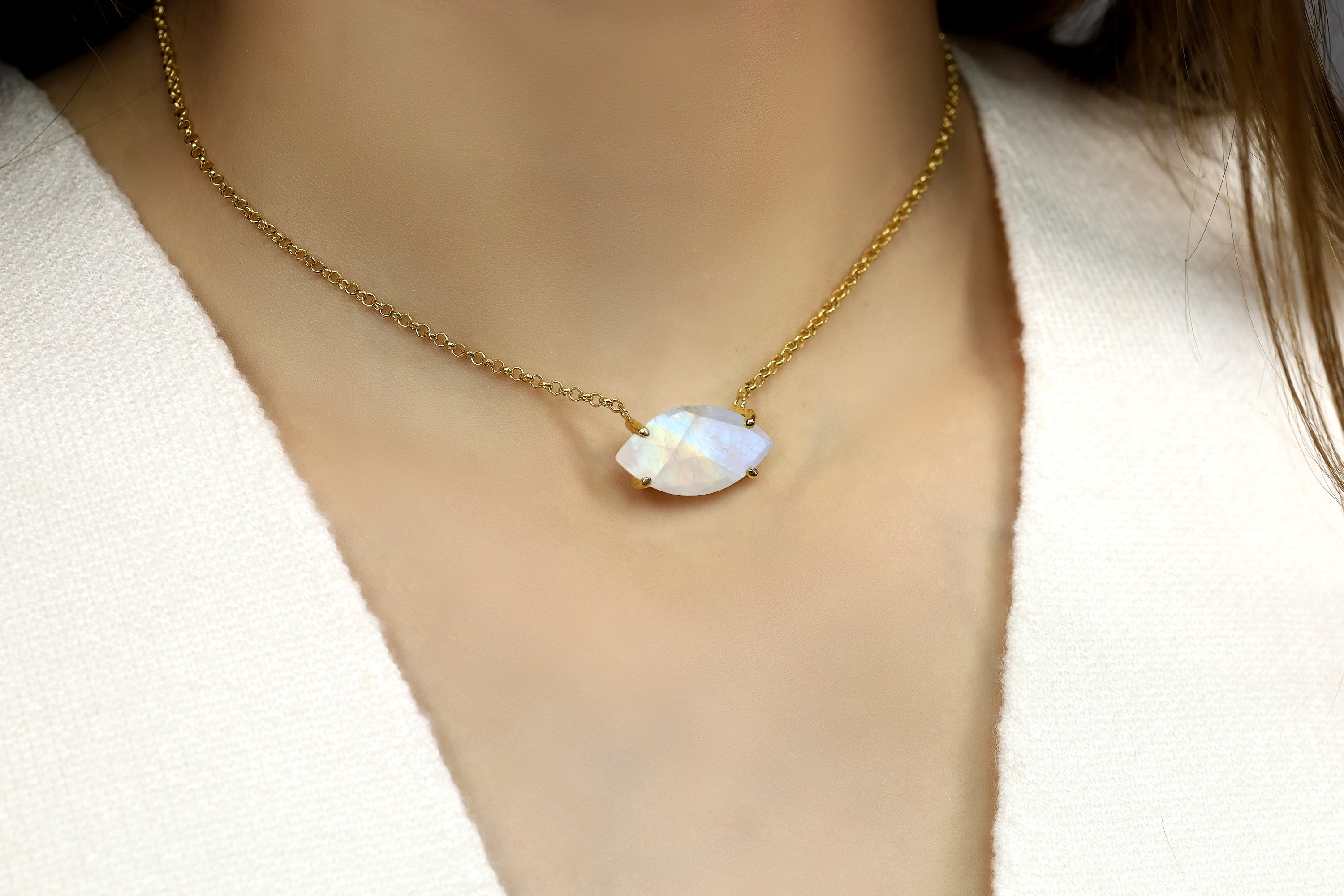 Horizontal Setting Marquise Cut Moonstone Gold Necklace necklaces Anemone Jewelry