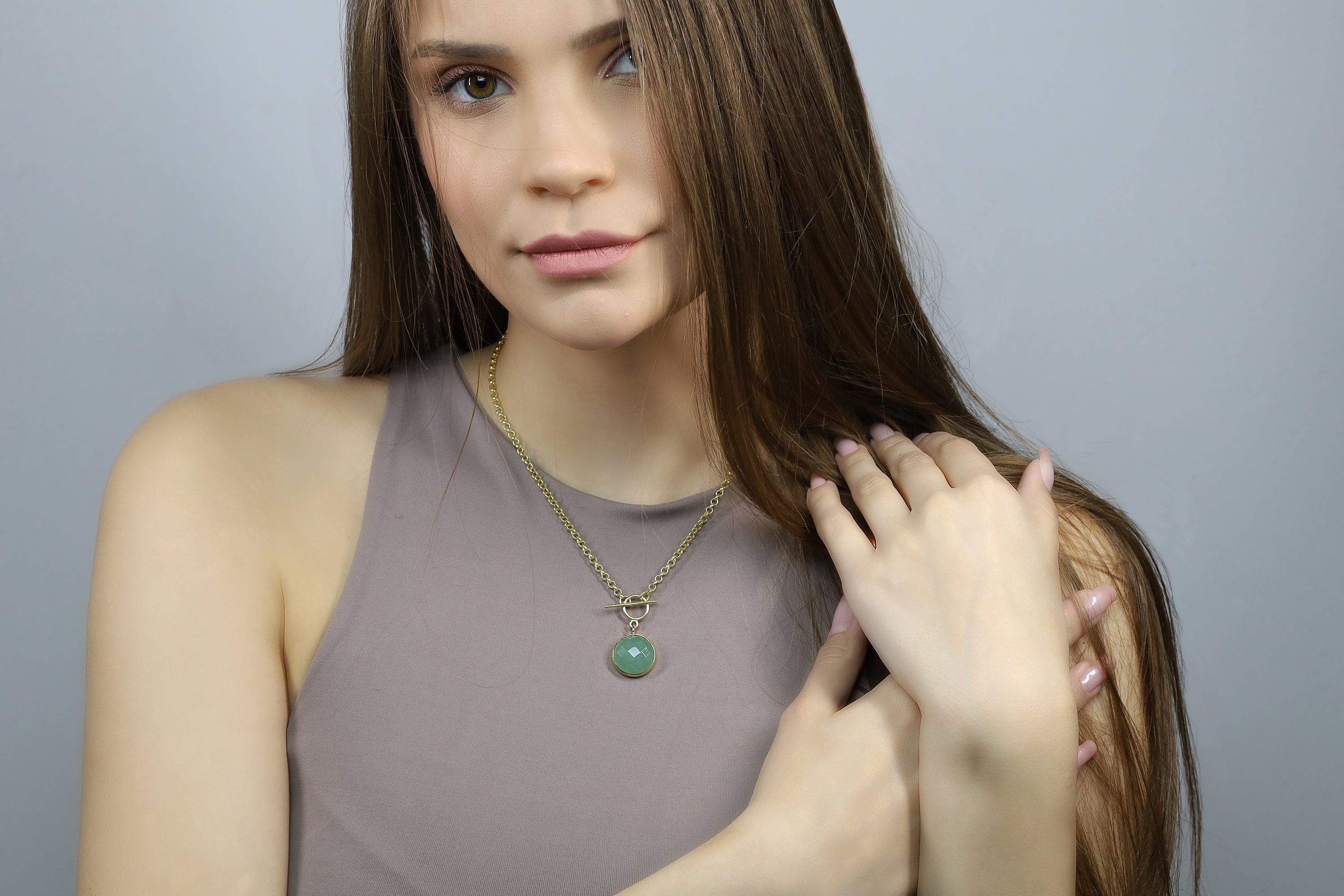 14k Gold Green Aventurine T-Lock Pendant Necklace necklaces Anemone Limited