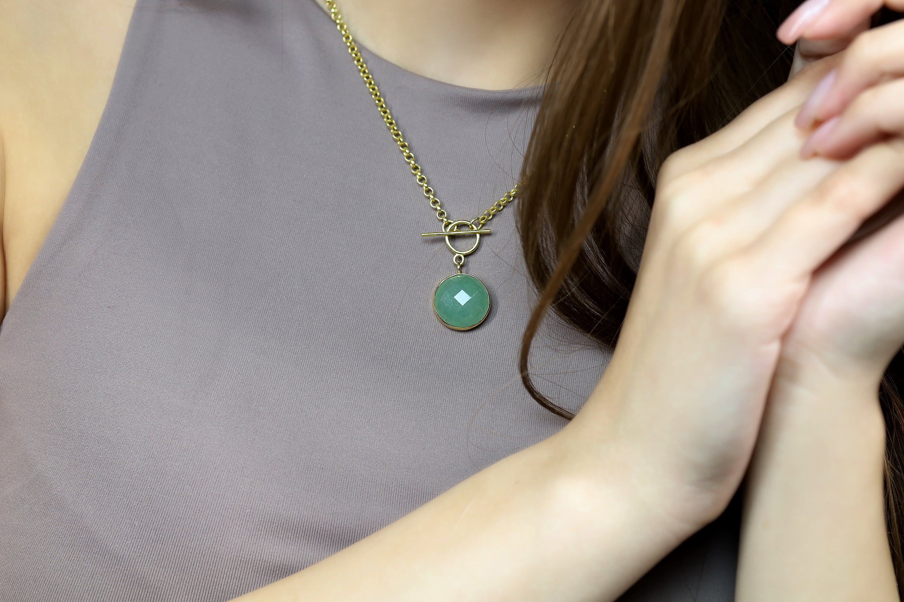 14k Gold Green Aventurine T-Lock Pendant Necklace necklaces Anemone Limited