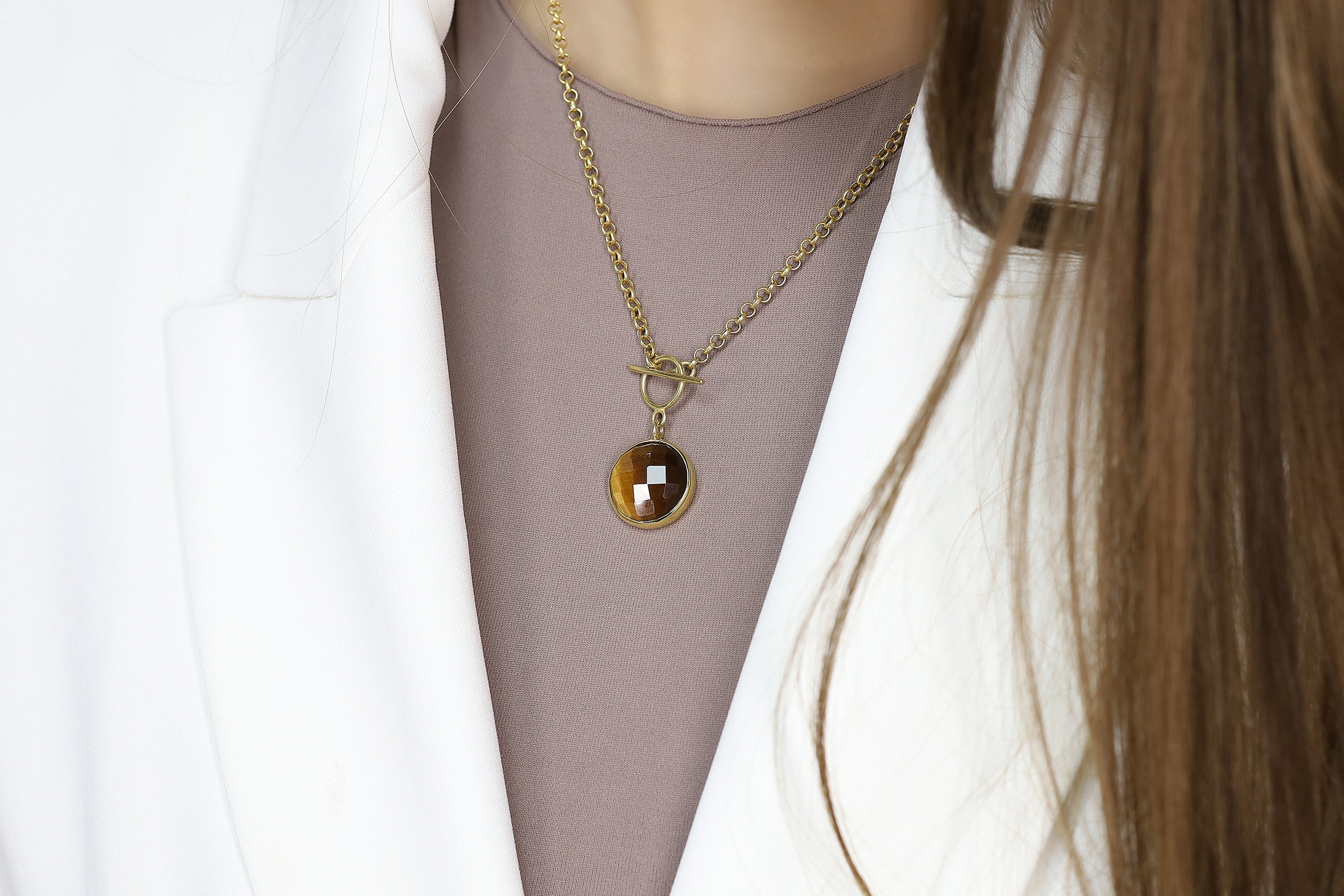 Tiger's Eye Round Pendant Necklace in 14k Gold necklaces Anemone Limited