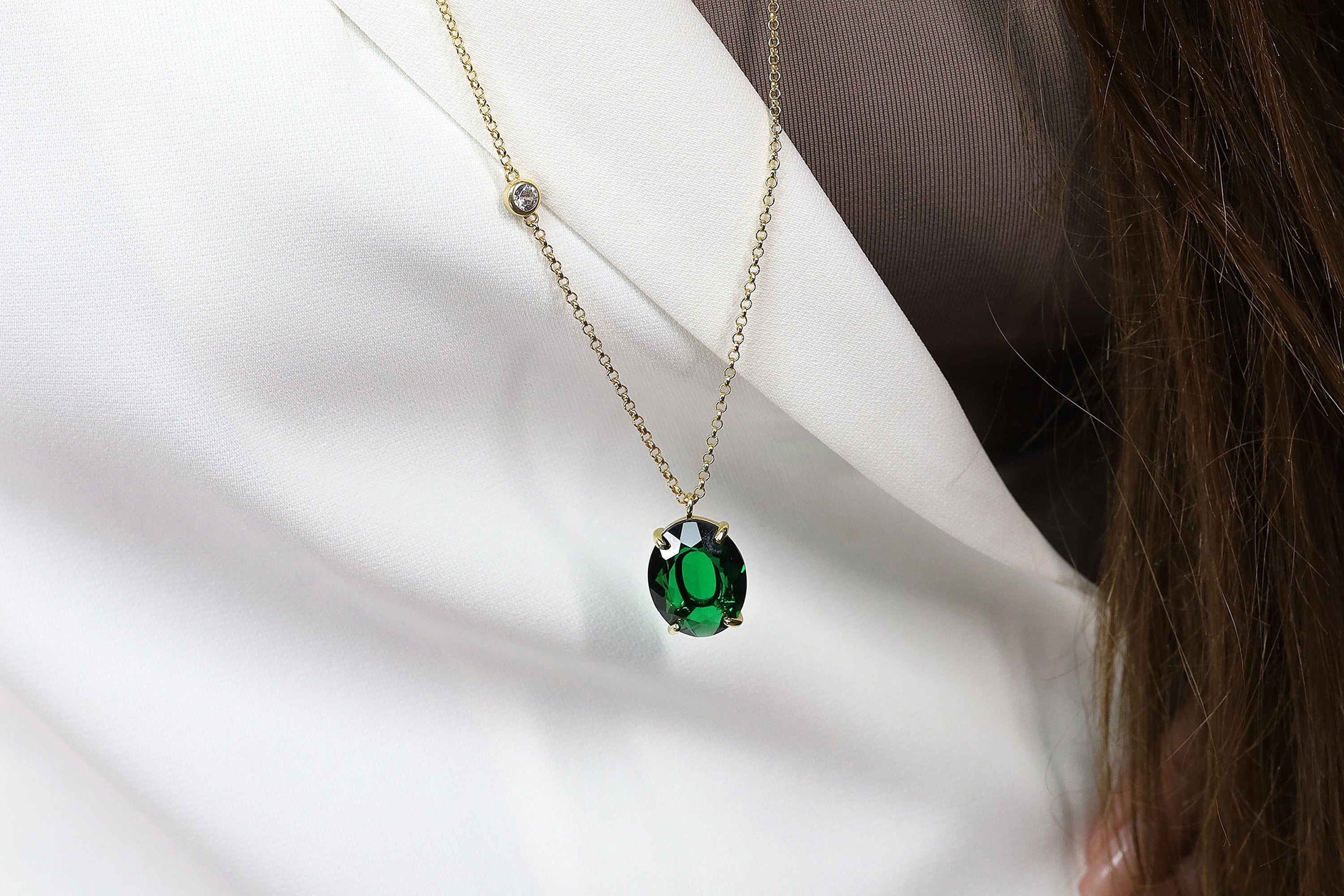 Long Gold Oval Emerald Gemstone Necklace with Cubic Zirconia necklaces Anemone Jewelry