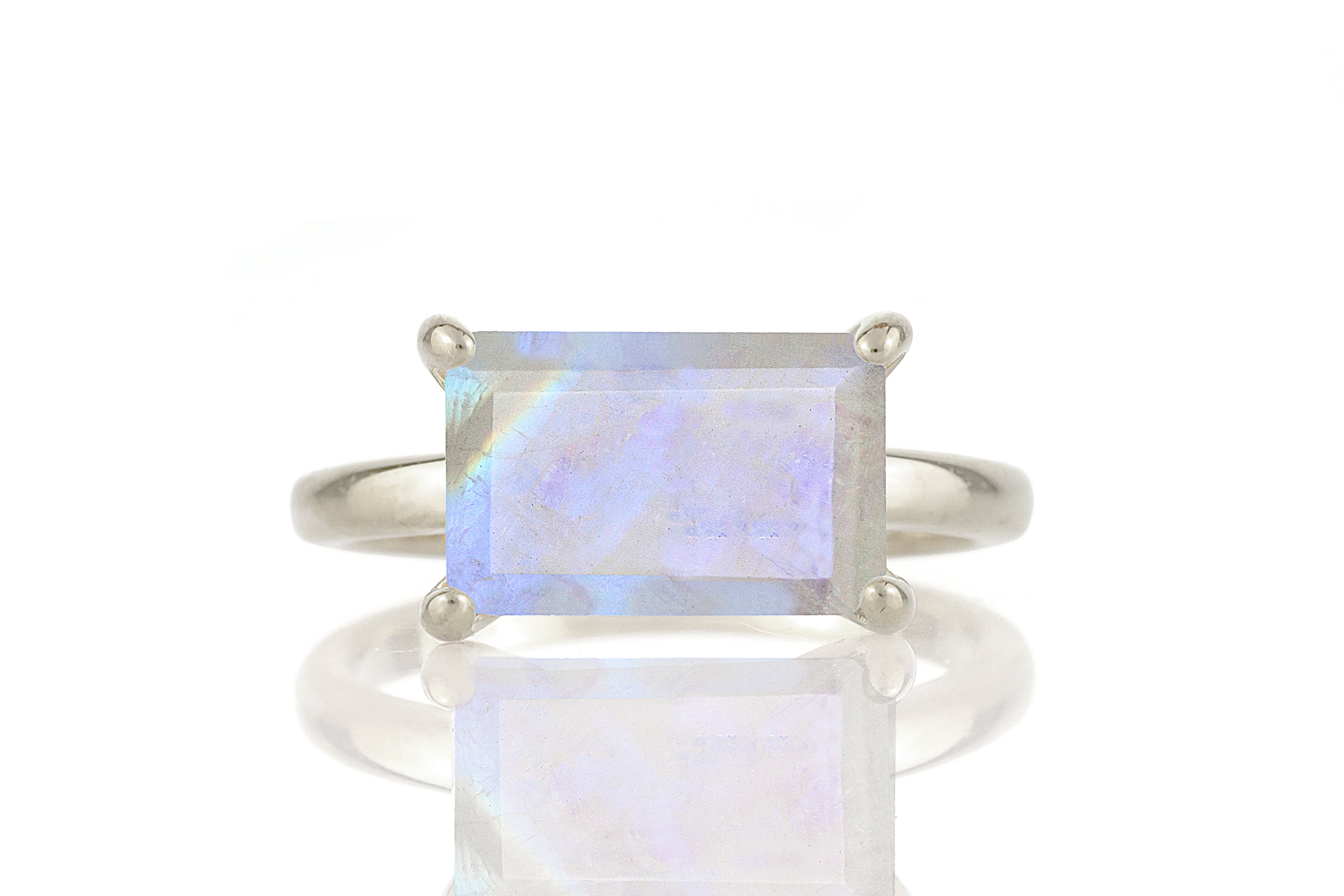 Emerald Cut Rainbow Moonstone Solitaire Ring in Sterling Silver Rings Anemone Unique
