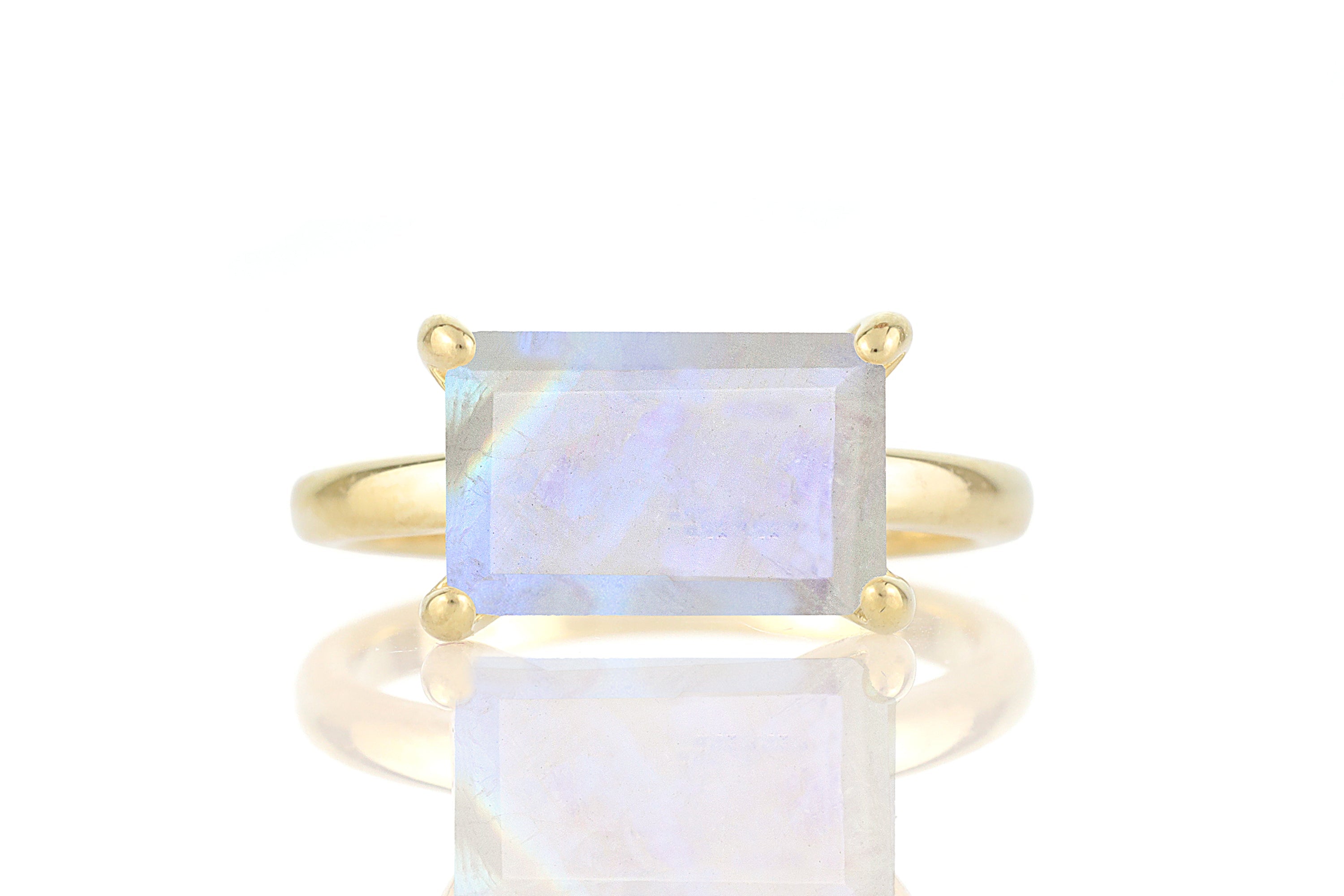 Emerald Cut Rainbow Moonstone Solitaire Ring in Sterling Silver Rings Anemone Unique