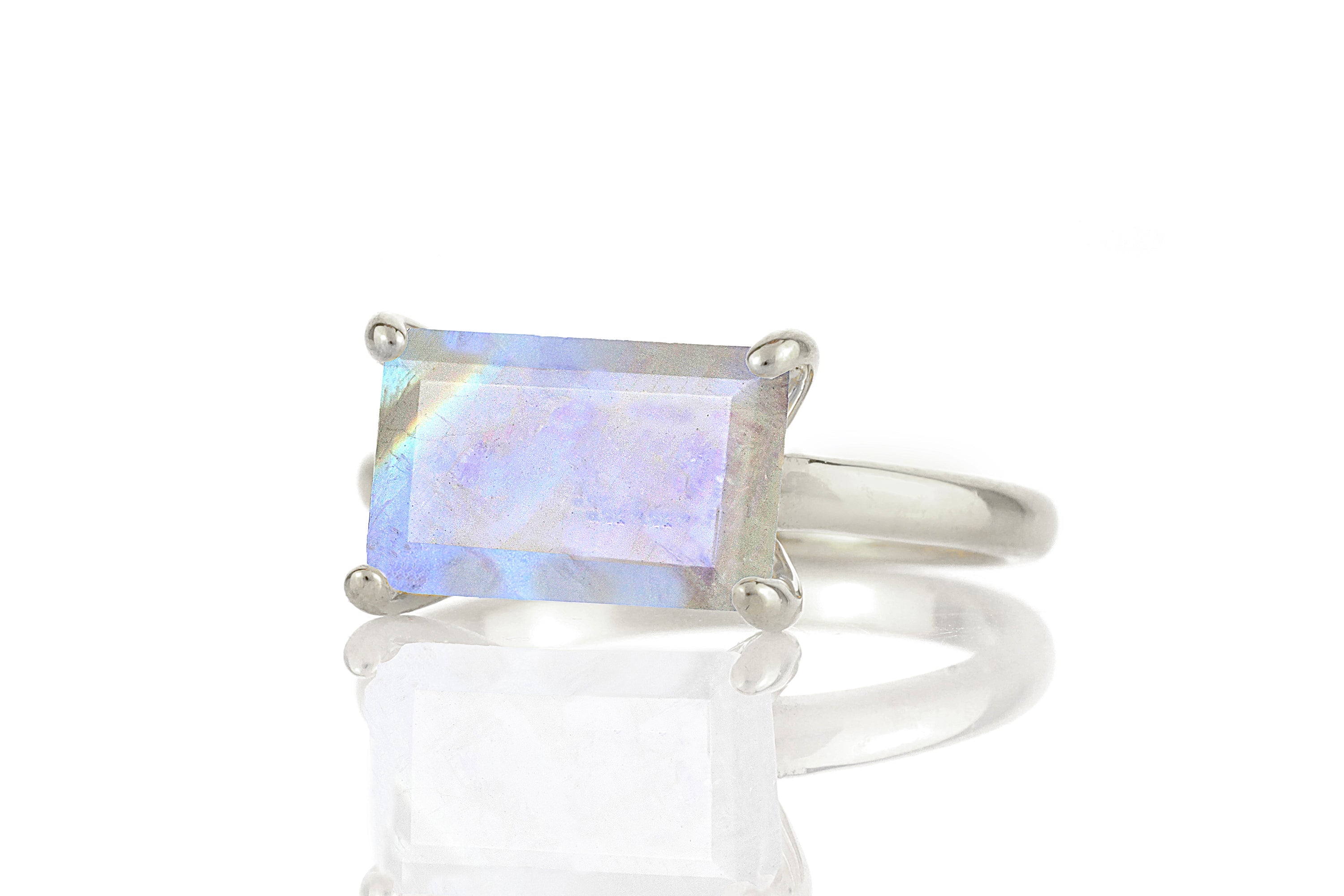 Emerald Cut Rainbow Moonstone Solitaire Ring in Sterling Silver Rings Anemone Unique
