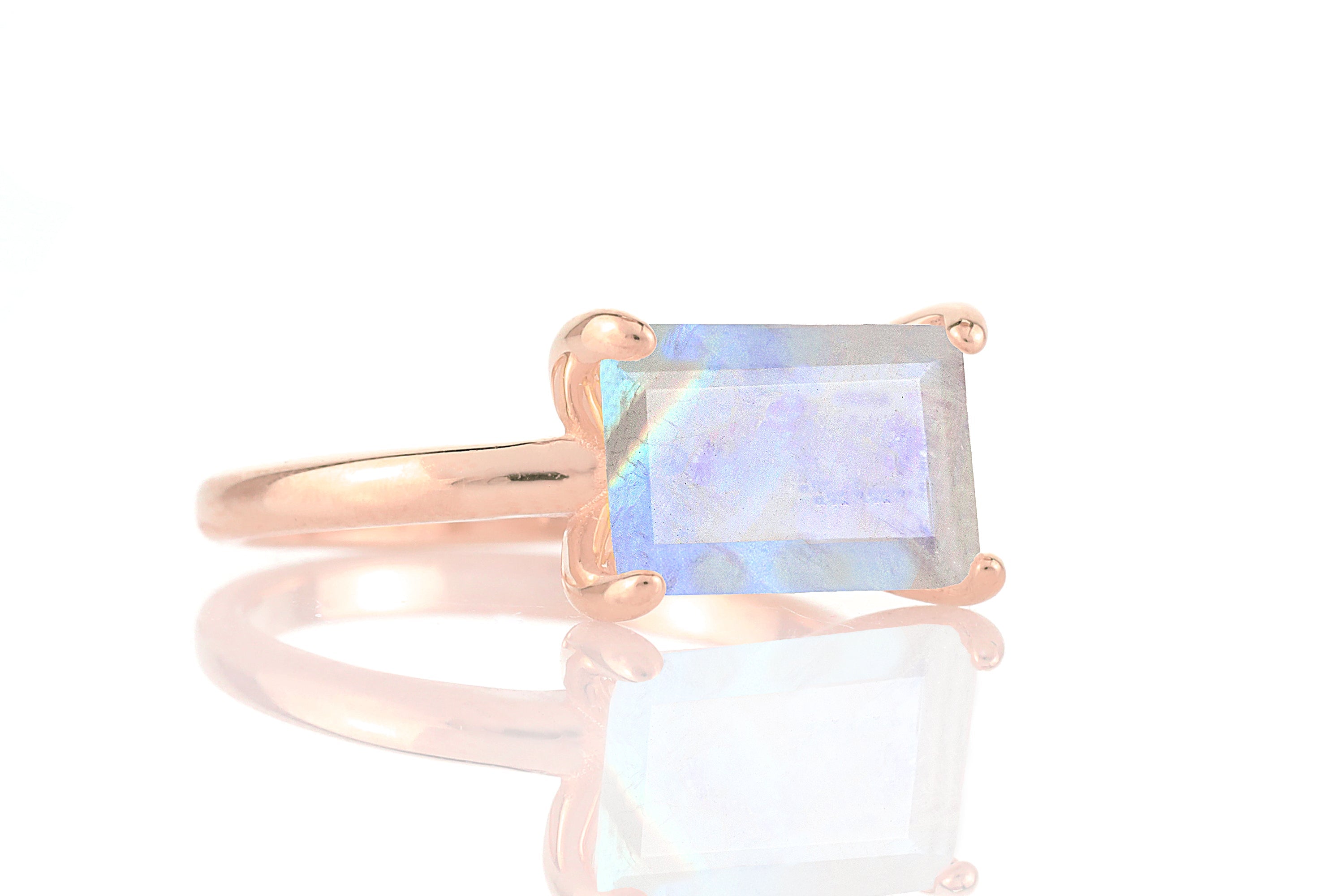 Emerald Cut Rainbow Moonstone Solitaire Ring in Sterling Silver Rings Anemone Unique