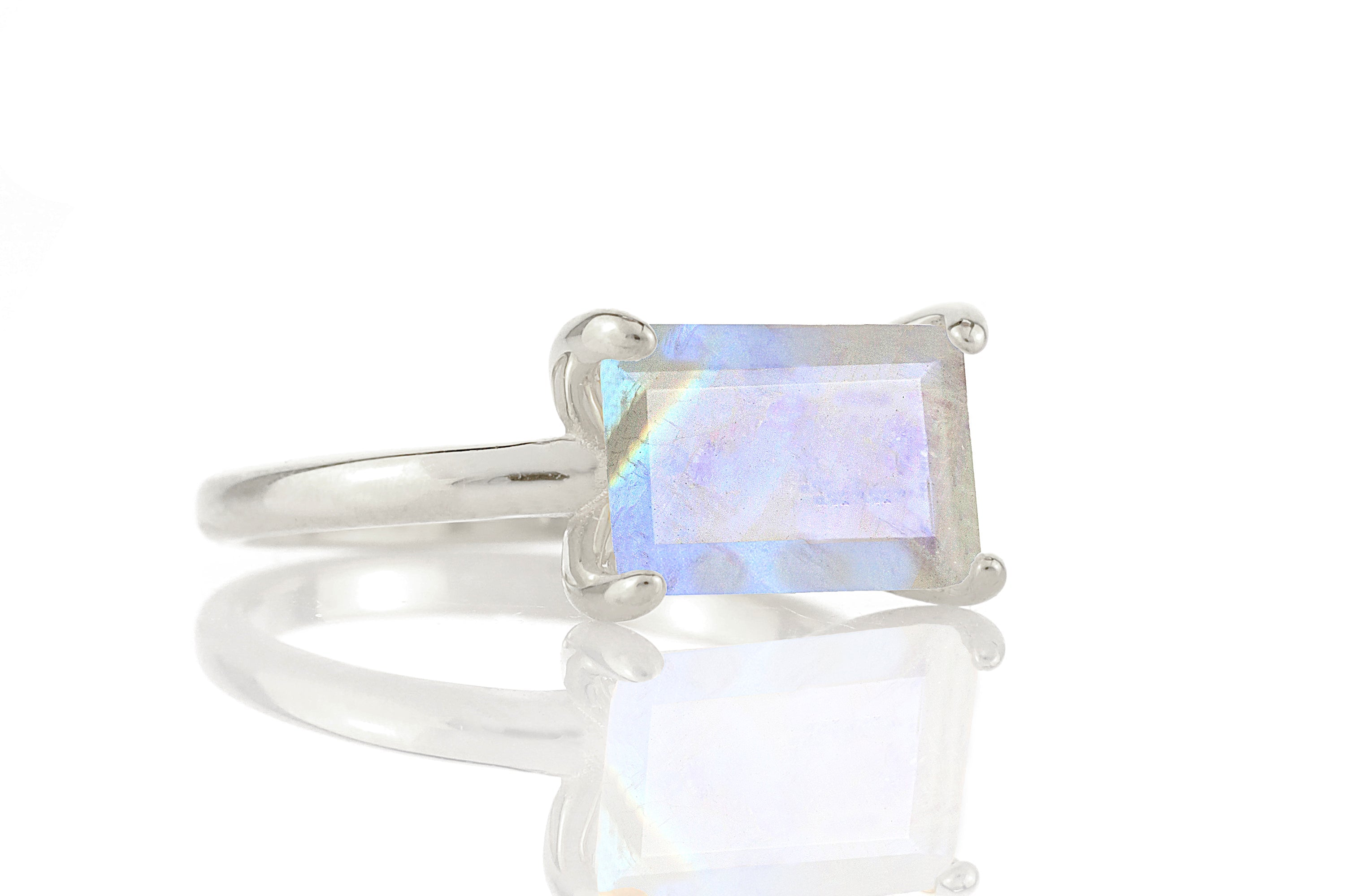 Emerald Cut Rainbow Moonstone Solitaire Ring in Sterling Silver Rings Anemone Unique