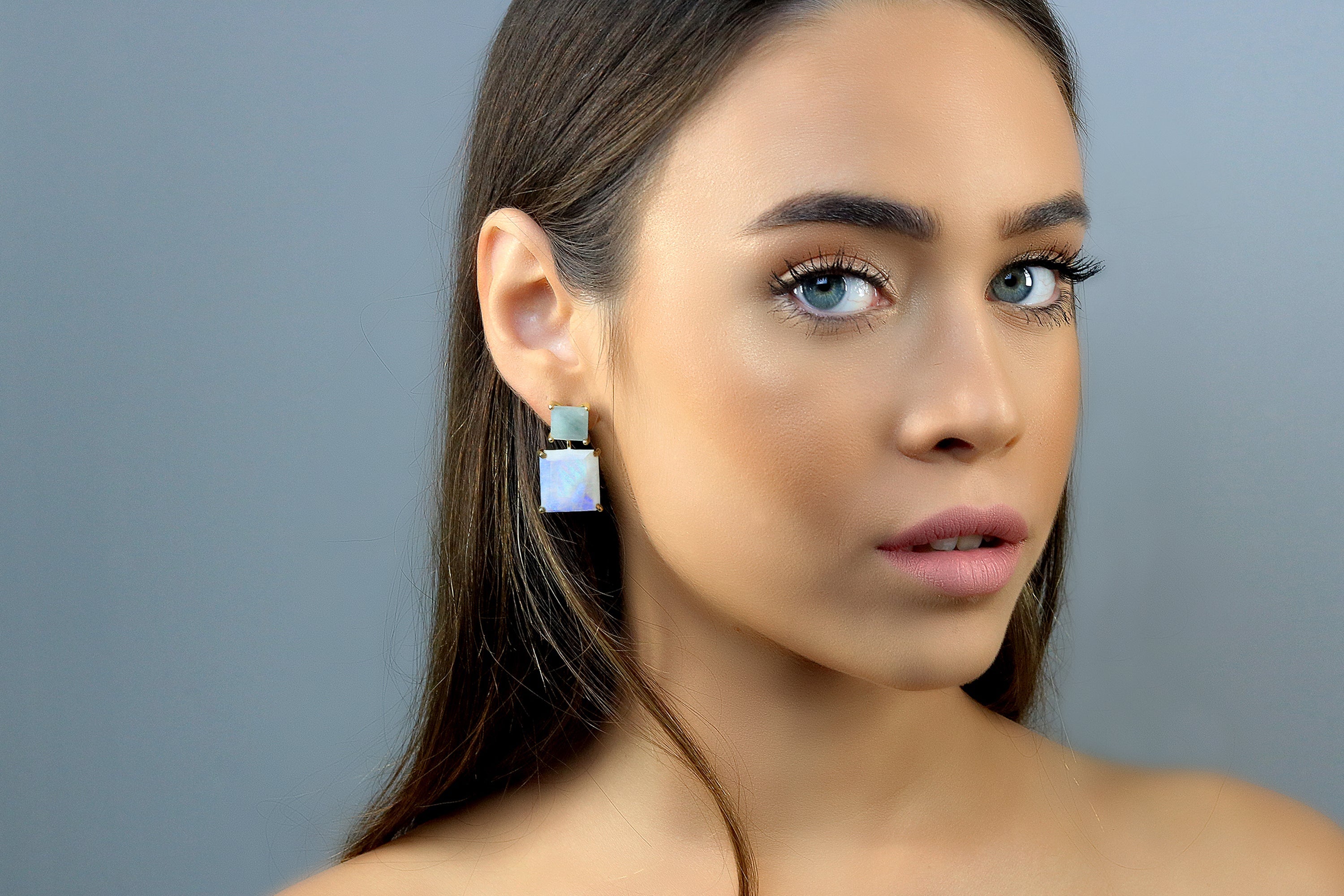 Square Dangle Moonstone and Aquamarine Gold Earrings Earrings Anemone Jewelry