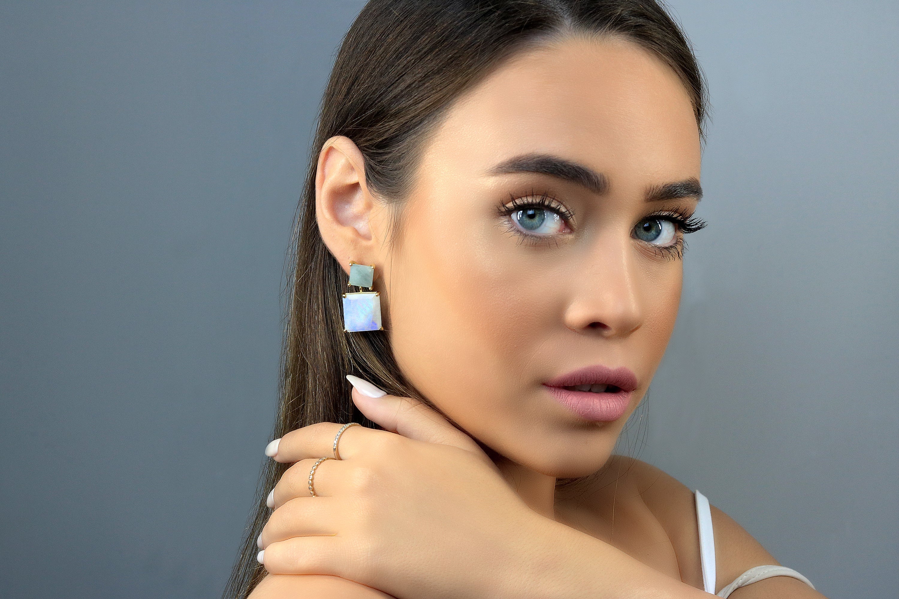 Square Dangle Moonstone and Aquamarine Gold Earrings Earrings Anemone Jewelry