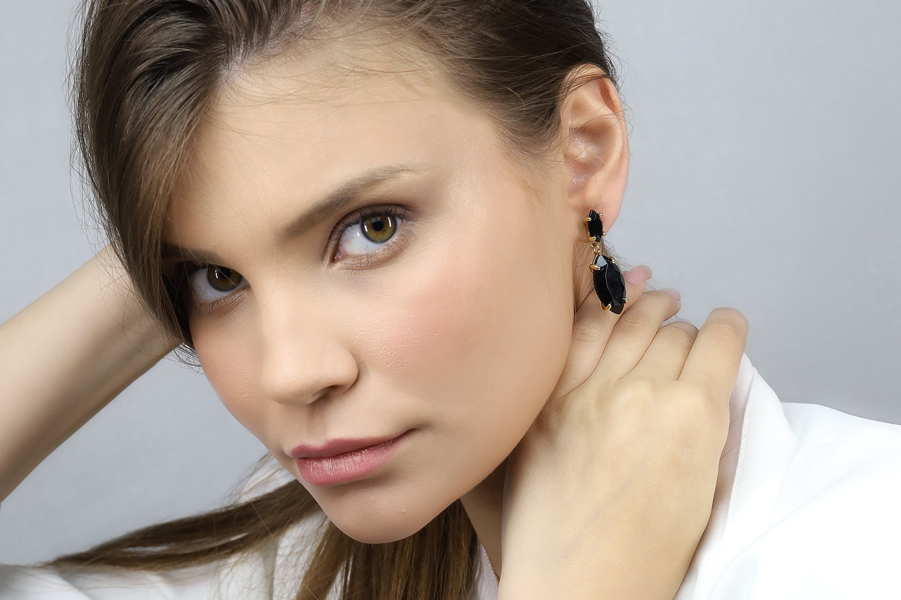 Black Onyx Double Stone Marquise Cut Gold Dangle Earrings Earrings Anemone Jewelry