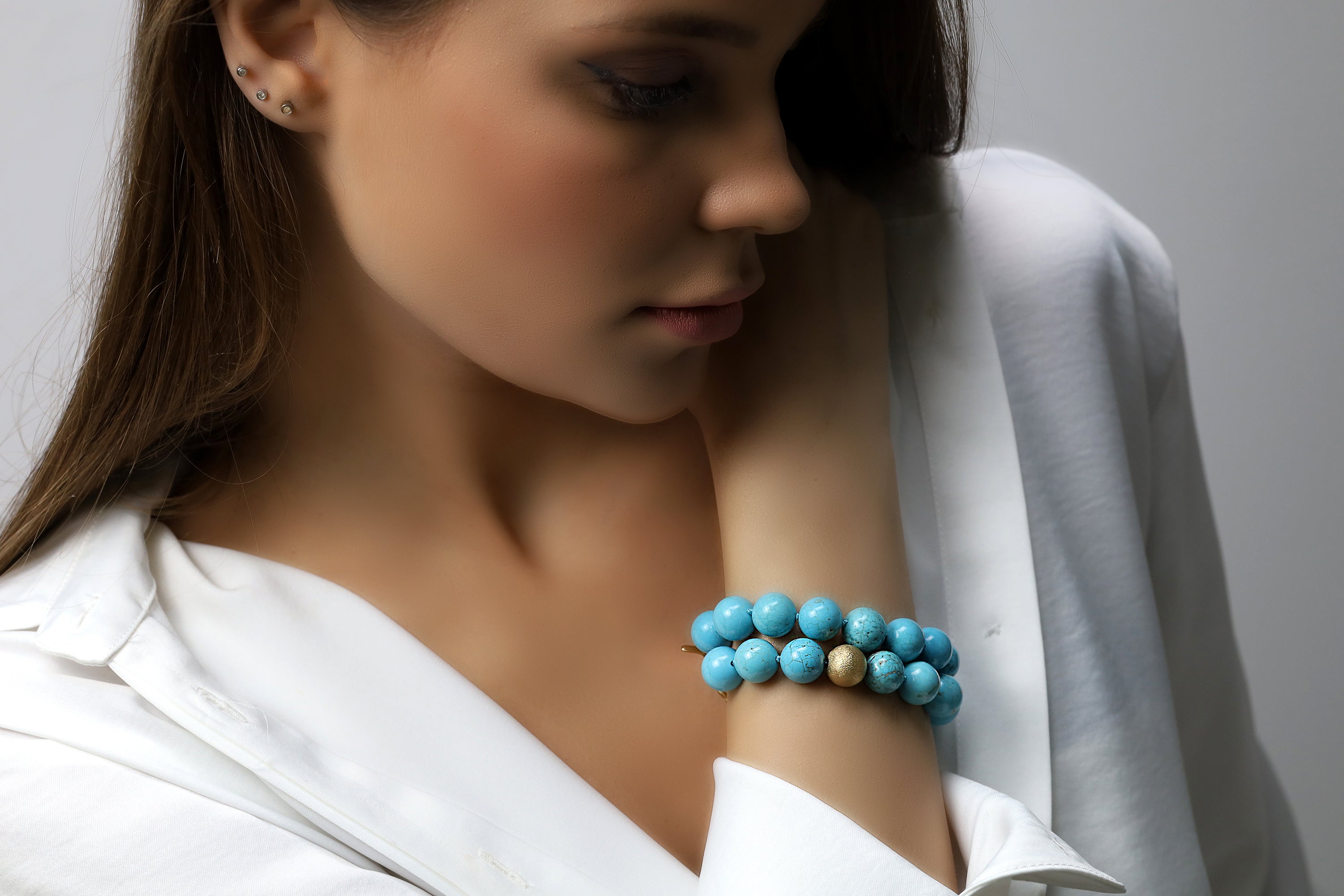 Turquoise Beaded Gold Bracelet with Brushed Gold Bead Bracelets Anemone Jewelry
