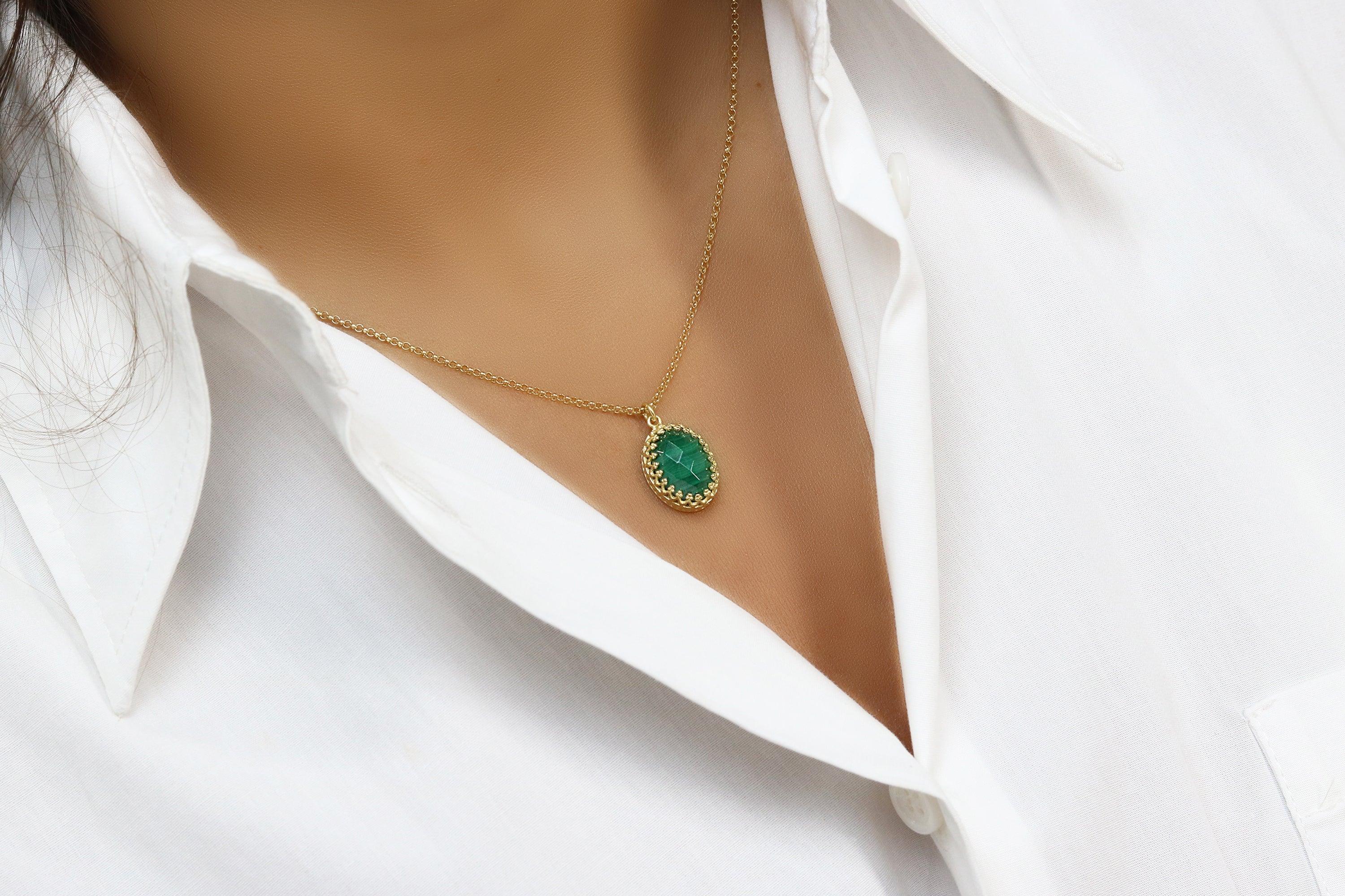 14k Gold Dainty Oval Malachite Pendant Necklace necklaces Anemone Jewelry