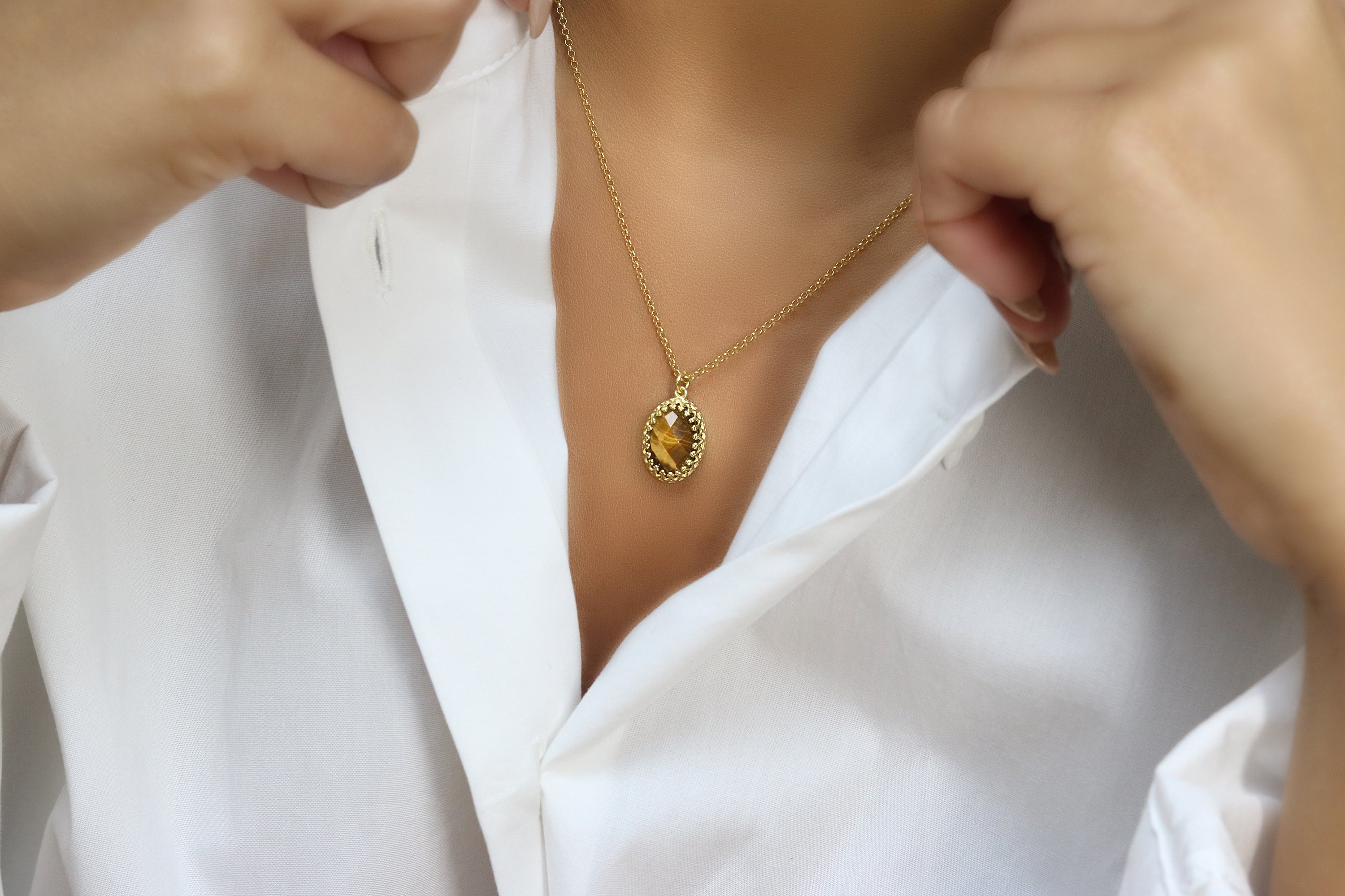 Artisan Tiger Eye Crystal Necklace in Gold necklaces Anemone Jewelry