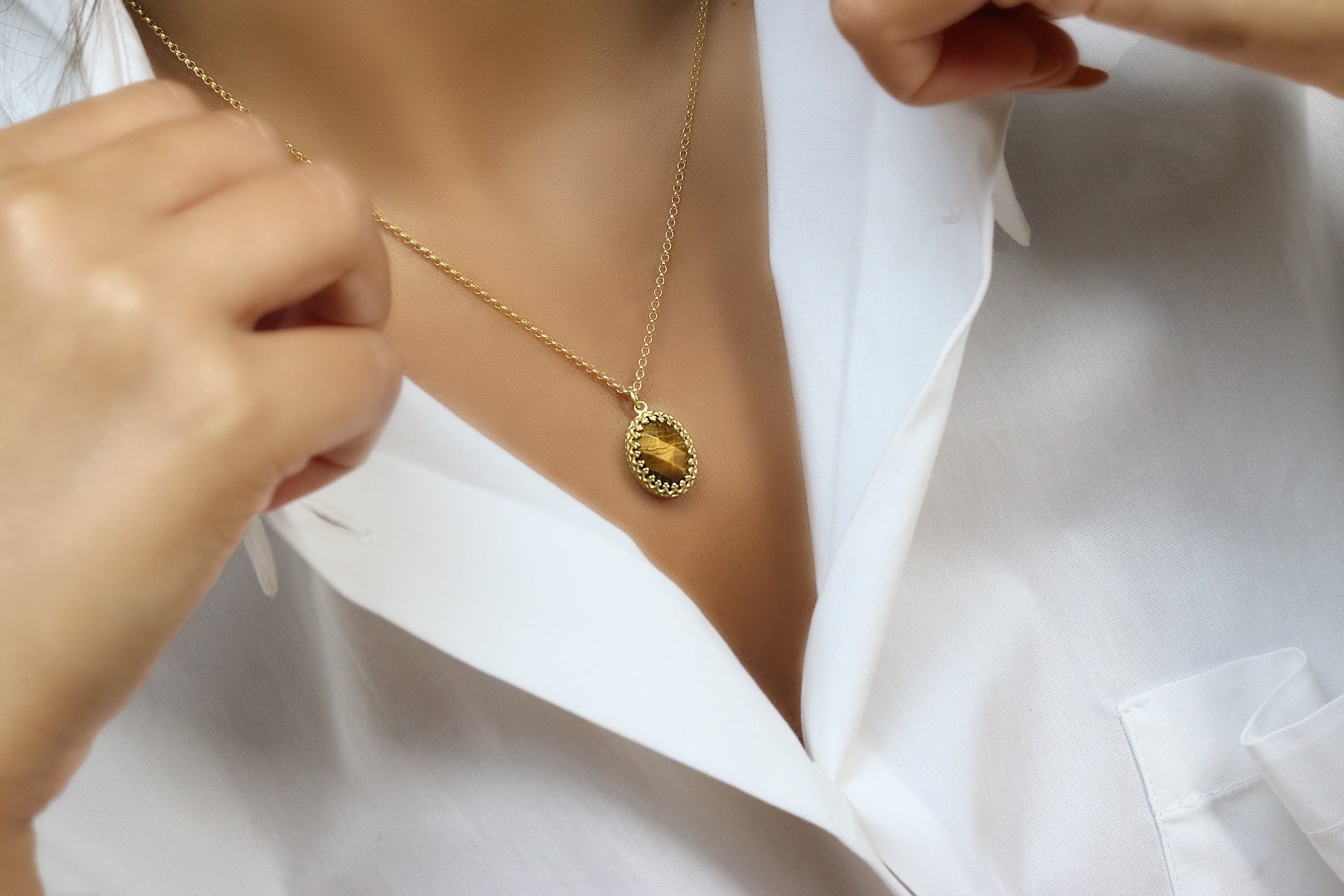 Artisan Tiger Eye Crystal Necklace in Gold necklaces Anemone Jewelry