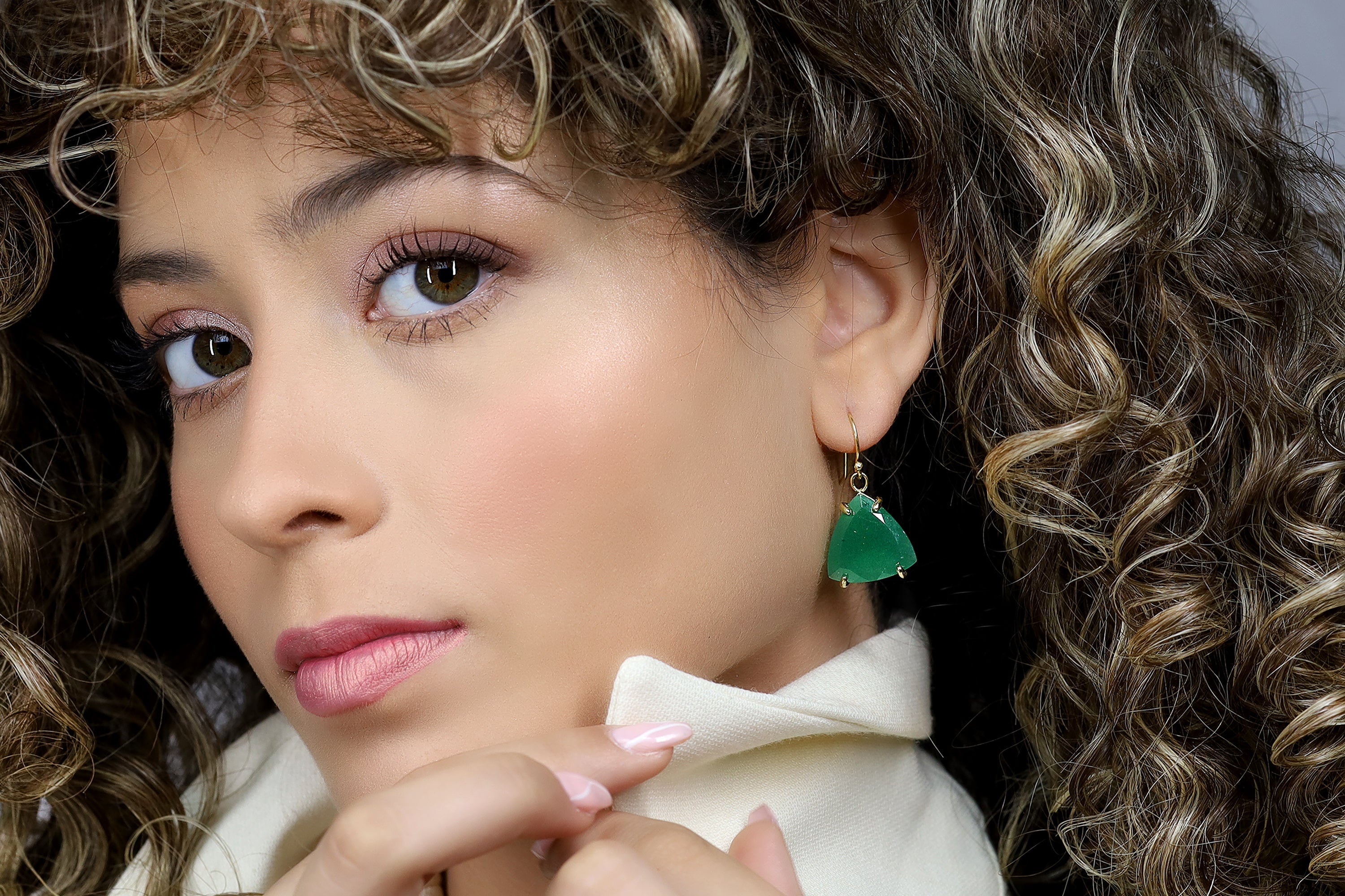 Green Aventurine Prong Trillion Gold Dangle Big Earrings Earrings Anemone Jewelry