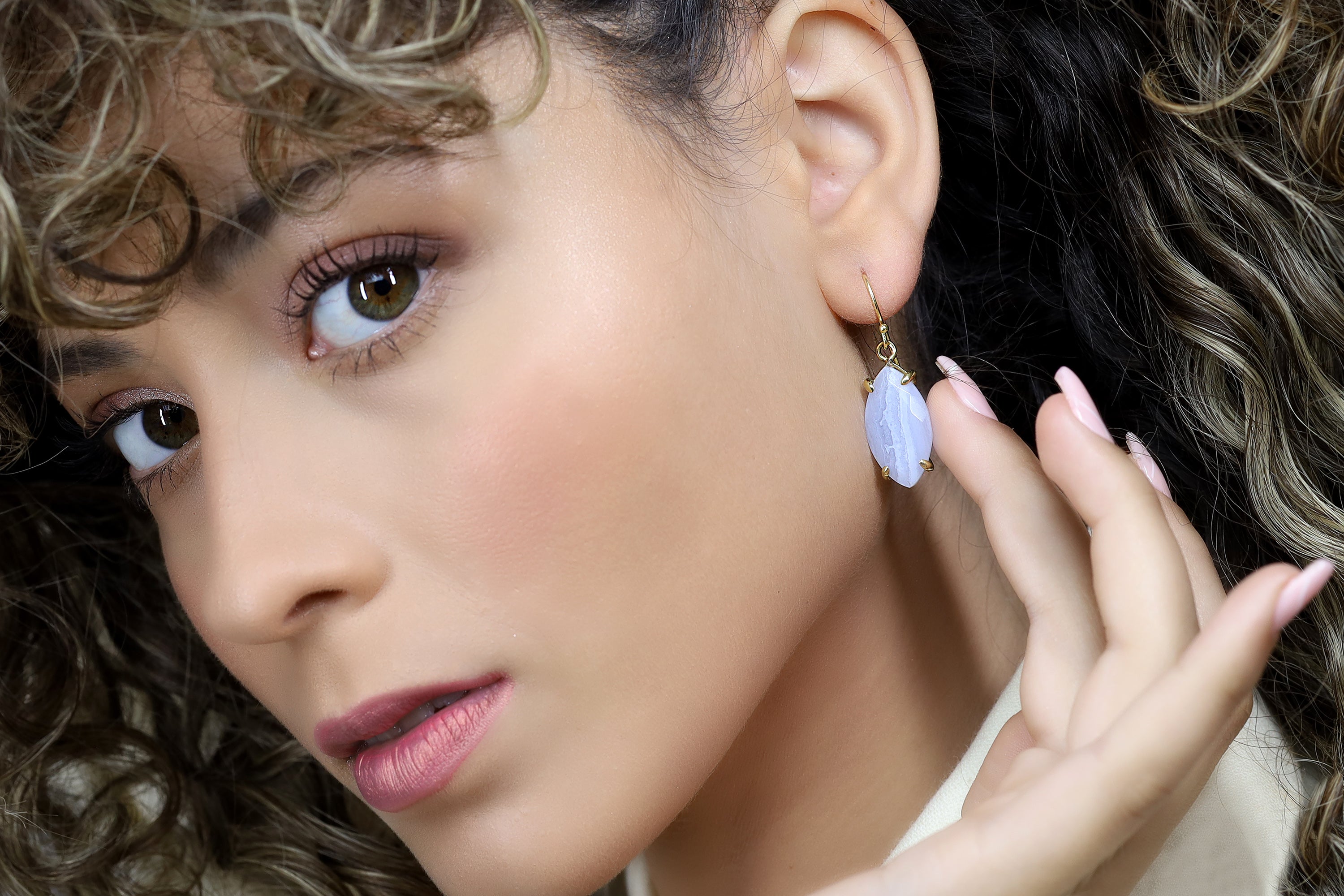 Blue Lace Agate Marquise Cut Gold Dangle Earrings Earrings Anemone Jewelry