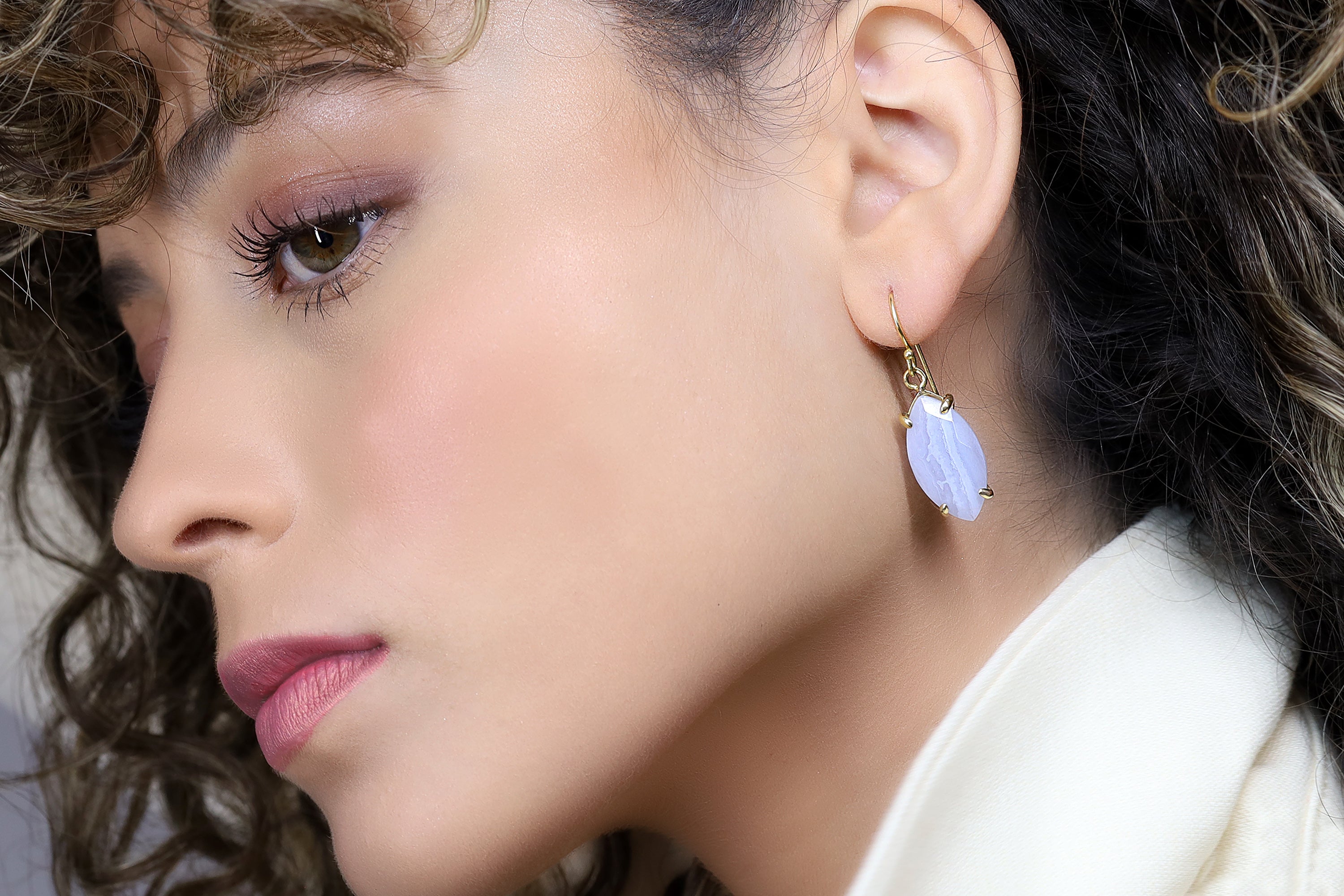 Blue Lace Agate Marquise Cut Gold Dangle Earrings Earrings Anemone Jewelry