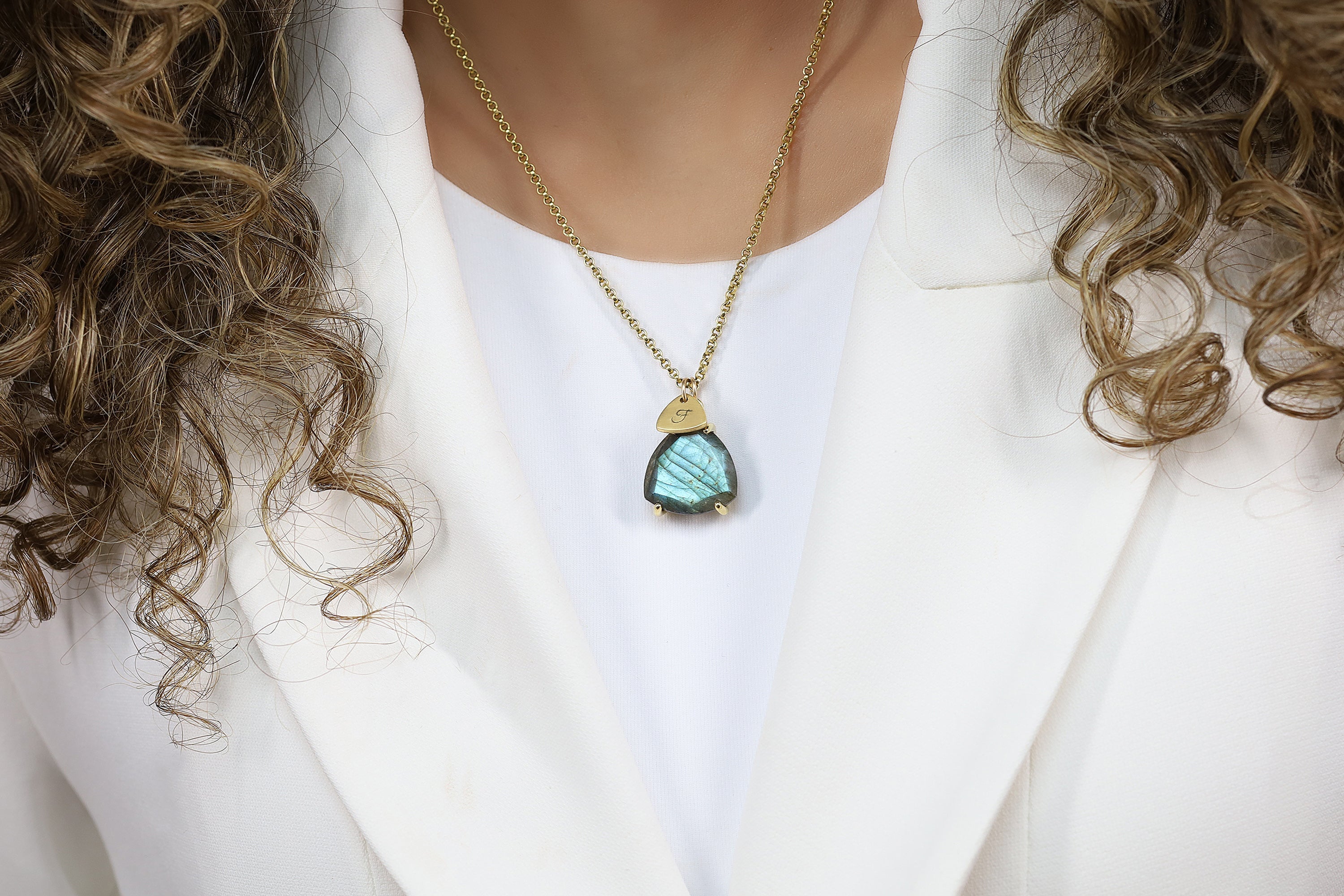 Engraved Coin Labradorite Trillion Gold Gemstone Necklace necklaces Anemone Jewelry