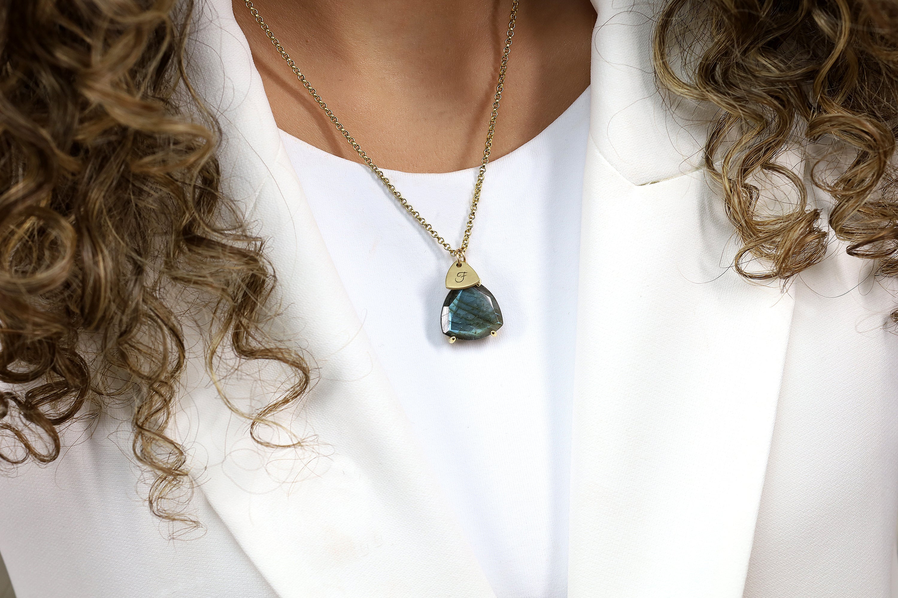 Engraved Coin Labradorite Trillion Gold Gemstone Necklace necklaces Anemone Jewelry