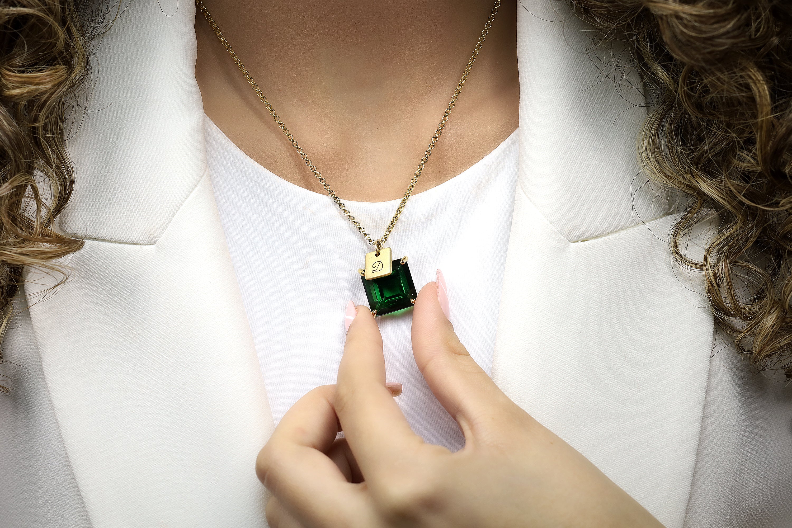 Square Cut Emerald Gemstone Pendant Necklace in Gold necklaces Anemone Jewelry