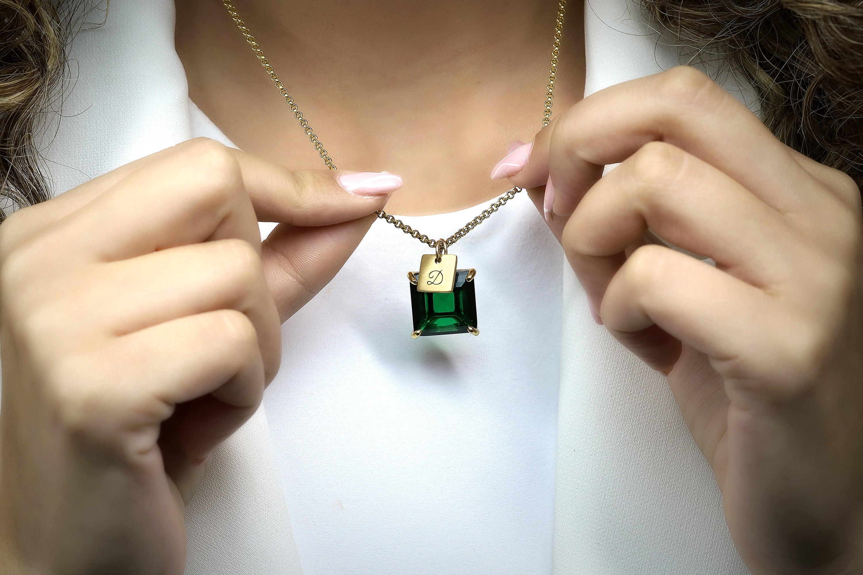 Square Cut Emerald Gemstone Pendant Necklace in Gold necklaces Anemone Jewelry