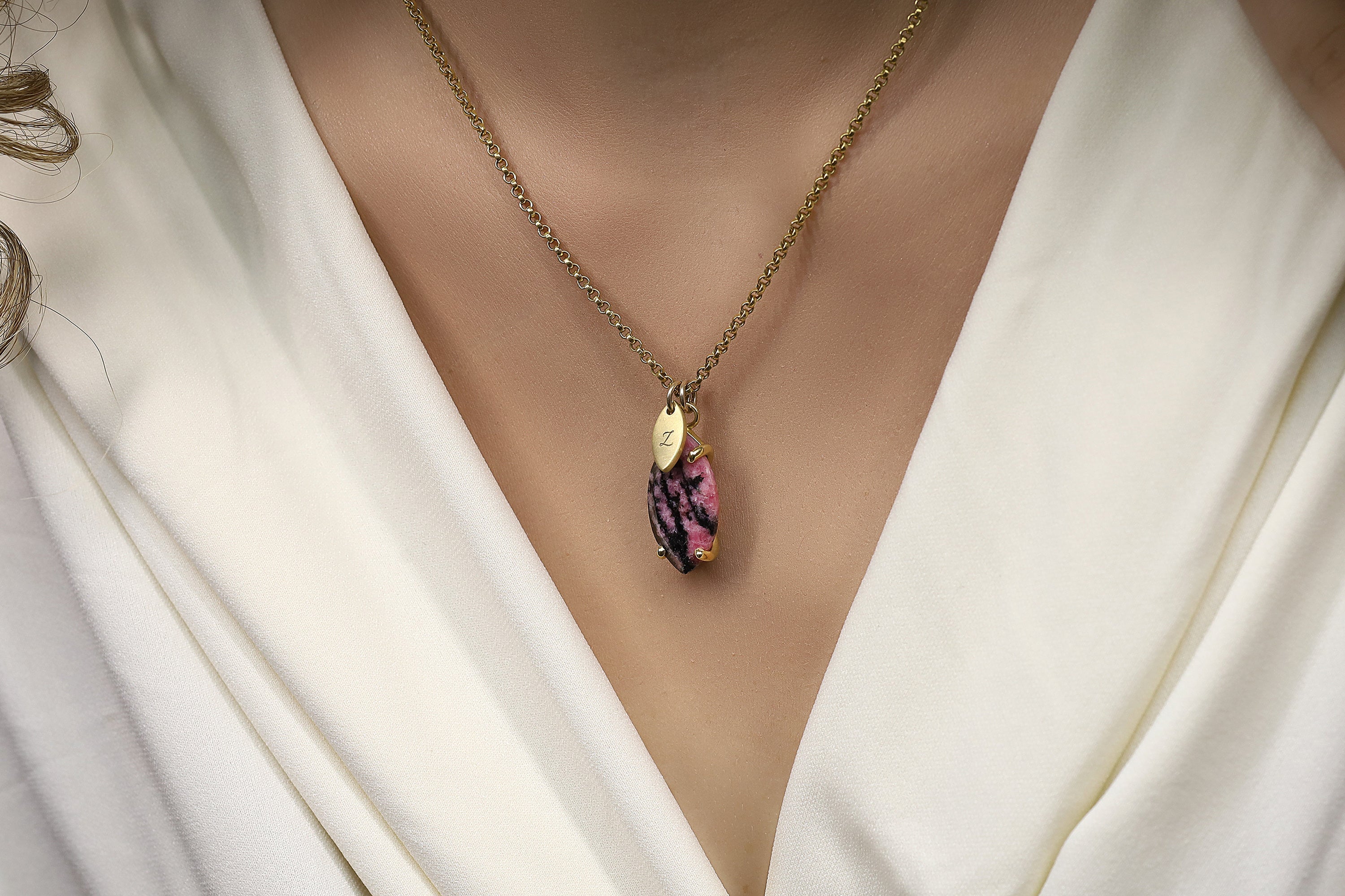 Rhodonite Marquise Gemstone Gold Necklace with Engraved Initials Coin necklaces Anemone Jewelry