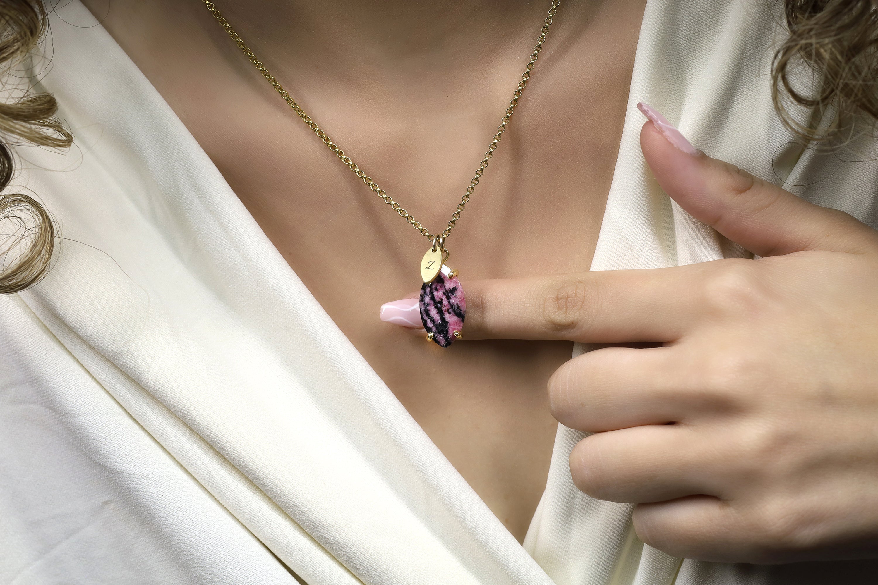 Rhodonite Marquise Gemstone Gold Necklace with Engraved Initials Coin necklaces Anemone Jewelry