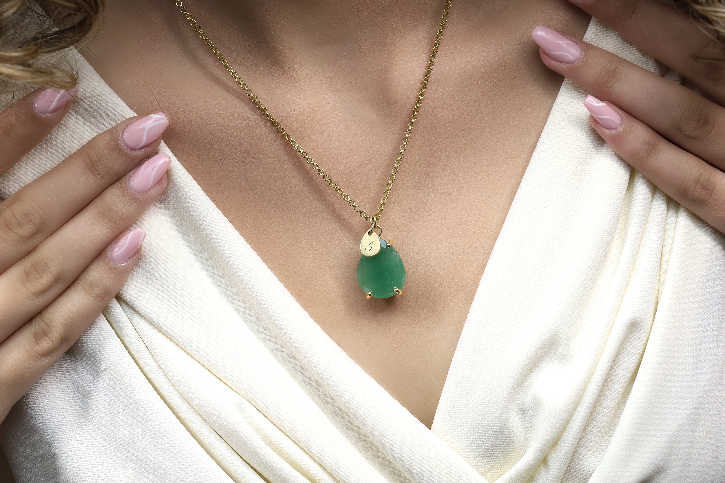 Green Aventurine Gold Necklace with Personalized Initial Teardrop Pendant necklaces Anemone Jewelry
