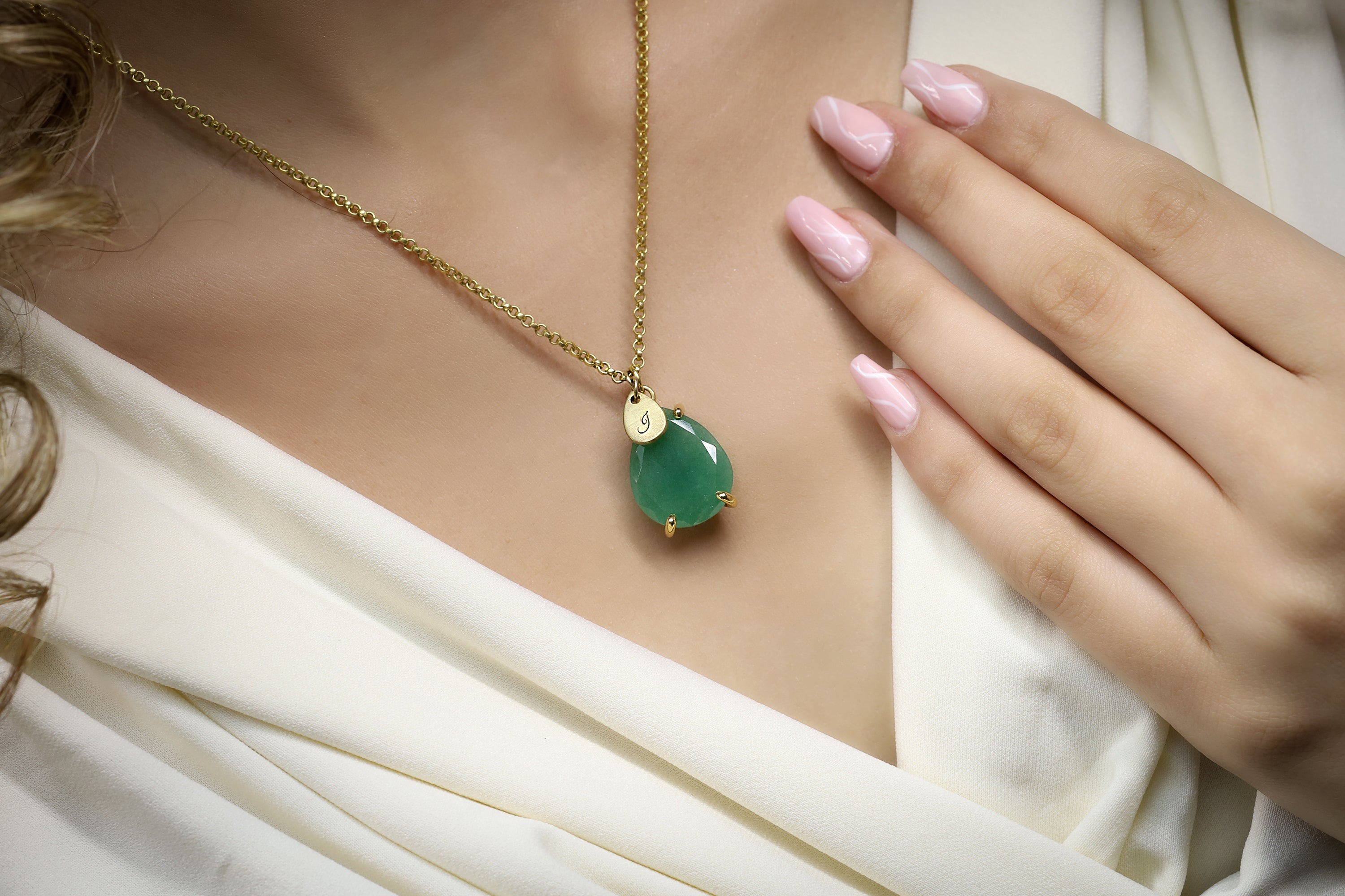 Green Aventurine Gold Necklace with Personalized Initial Teardrop Pendant necklaces Anemone Jewelry