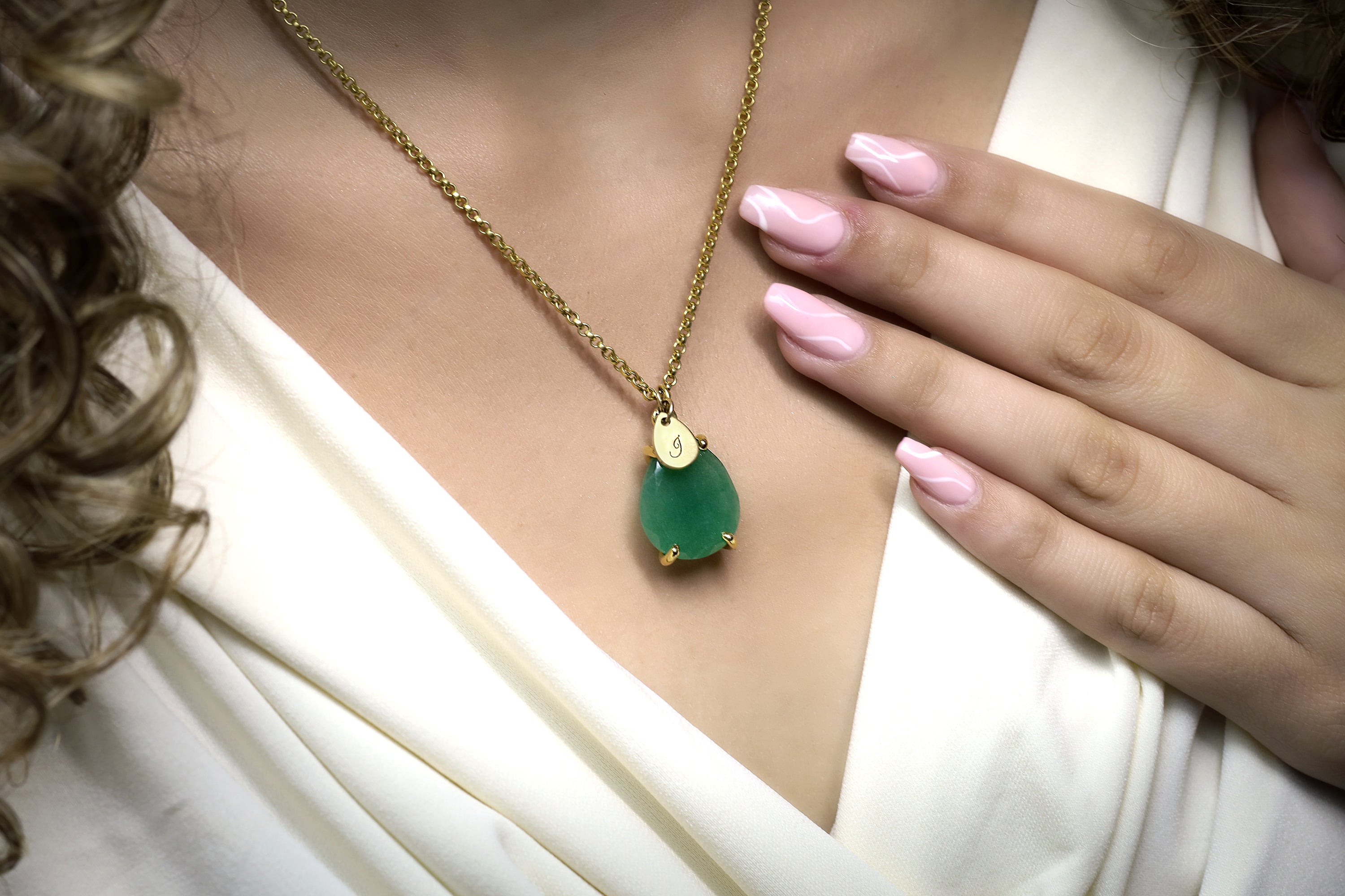 Green Aventurine Gold Necklace with Personalized Initial Teardrop Pendant necklaces Anemone Jewelry