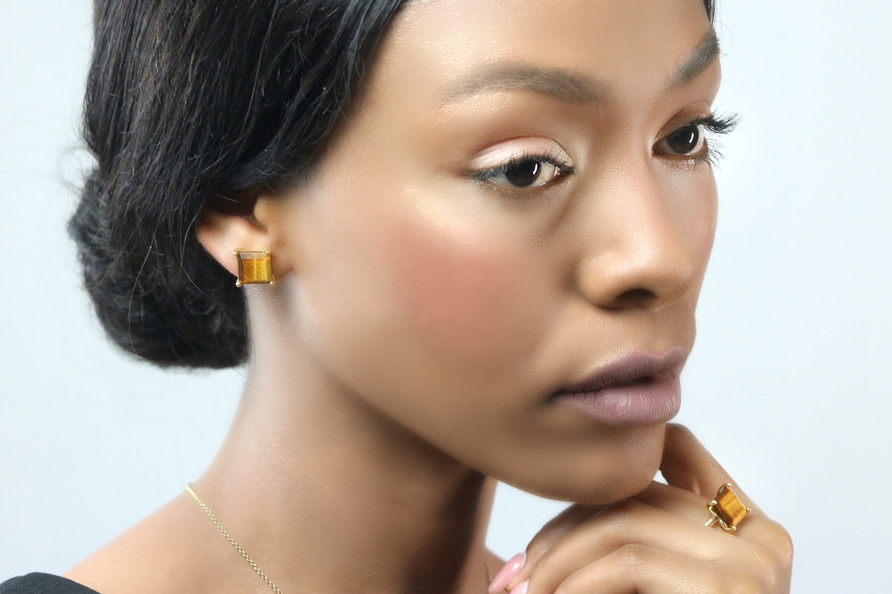 Square Brown Tiger Eye Earrings in Gold Earrings Anemone Unique