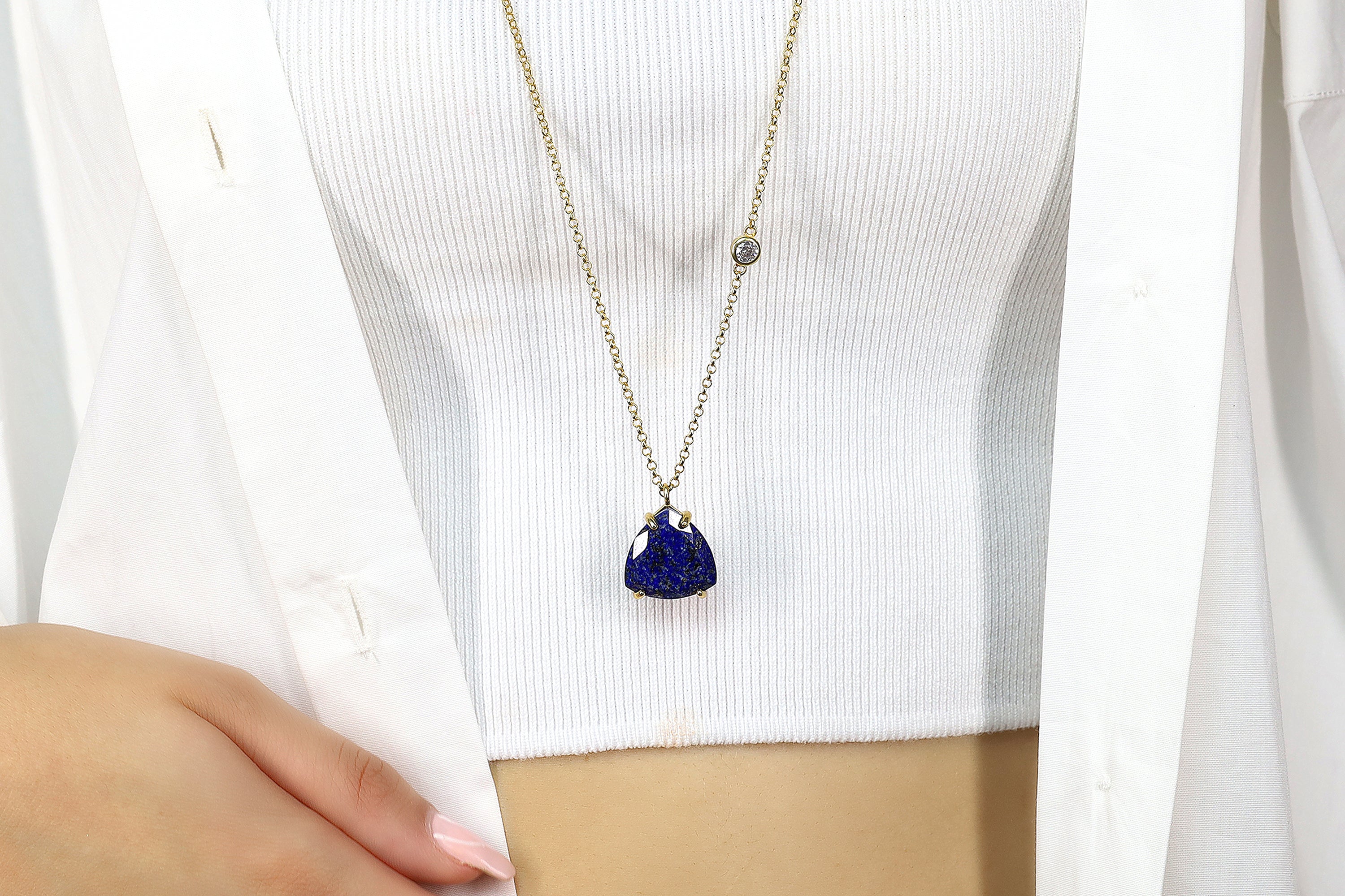 Long Gold Lapis Lazuli Trillion Pendant with Cubic Zirconia Accent necklaces Anemone Jewelry