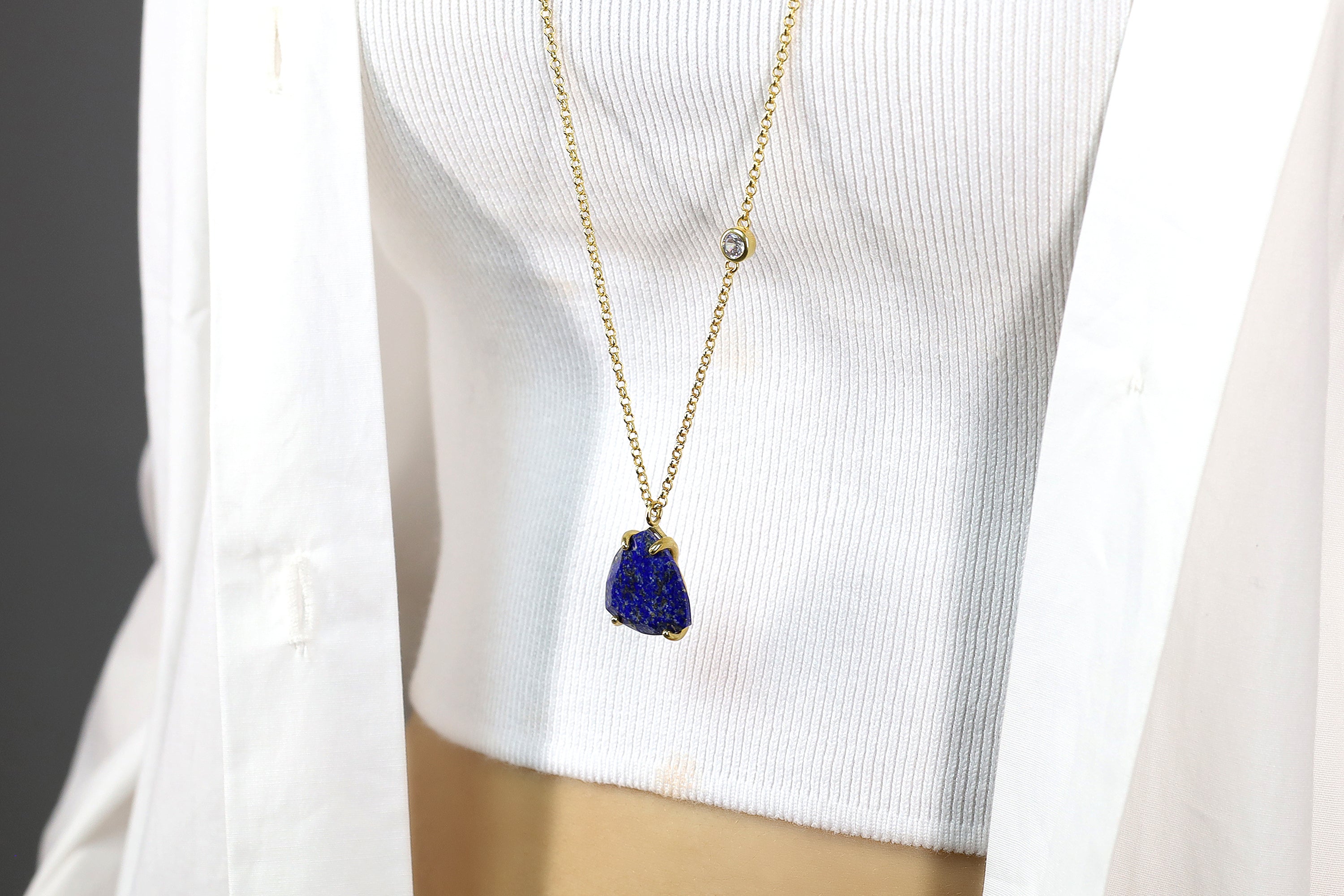 Long Gold Lapis Lazuli Trillion Pendant with Cubic Zirconia Accent necklaces Anemone Jewelry