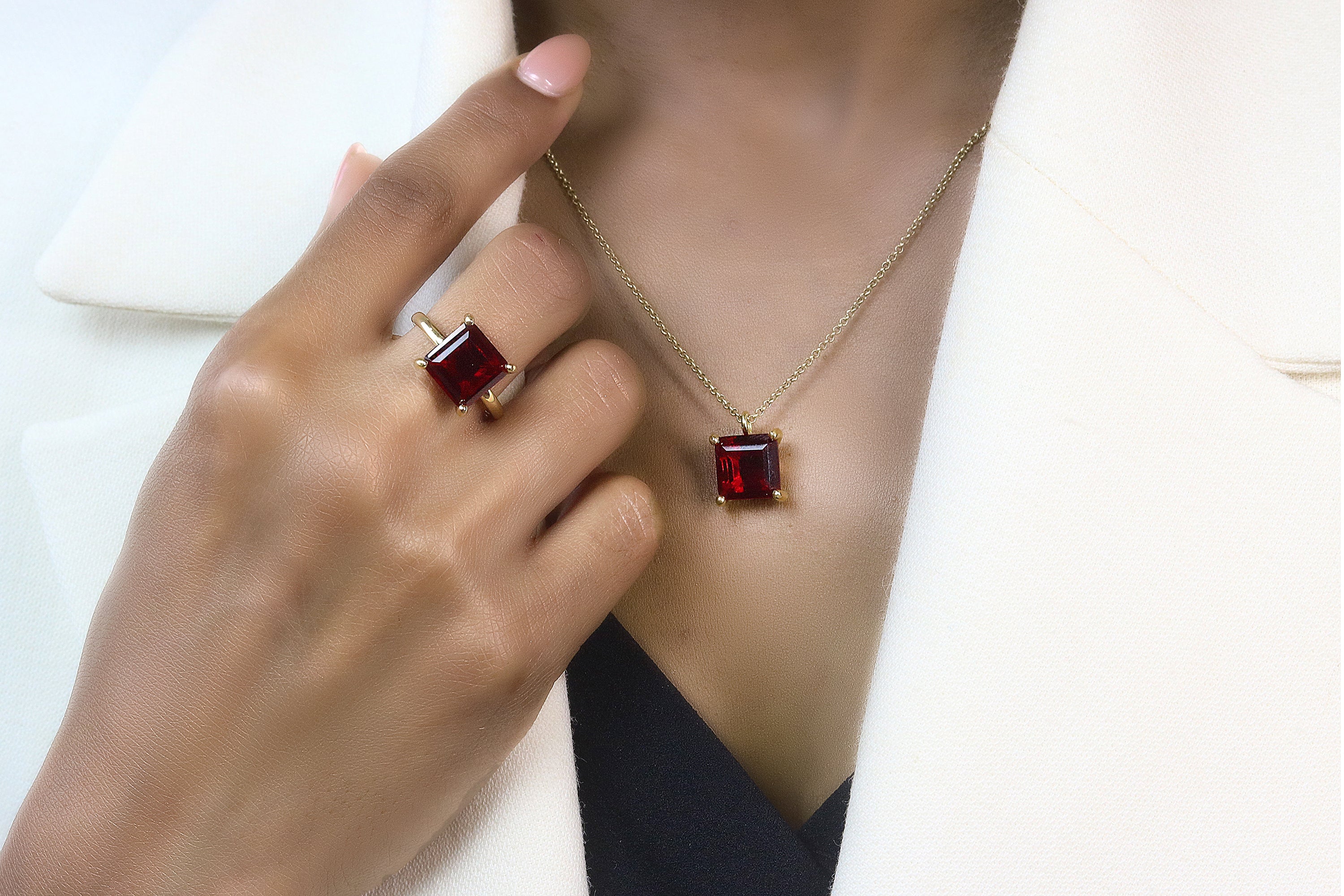 Square Garnet Pendant Gold Necklace necklaces Anemone Unique