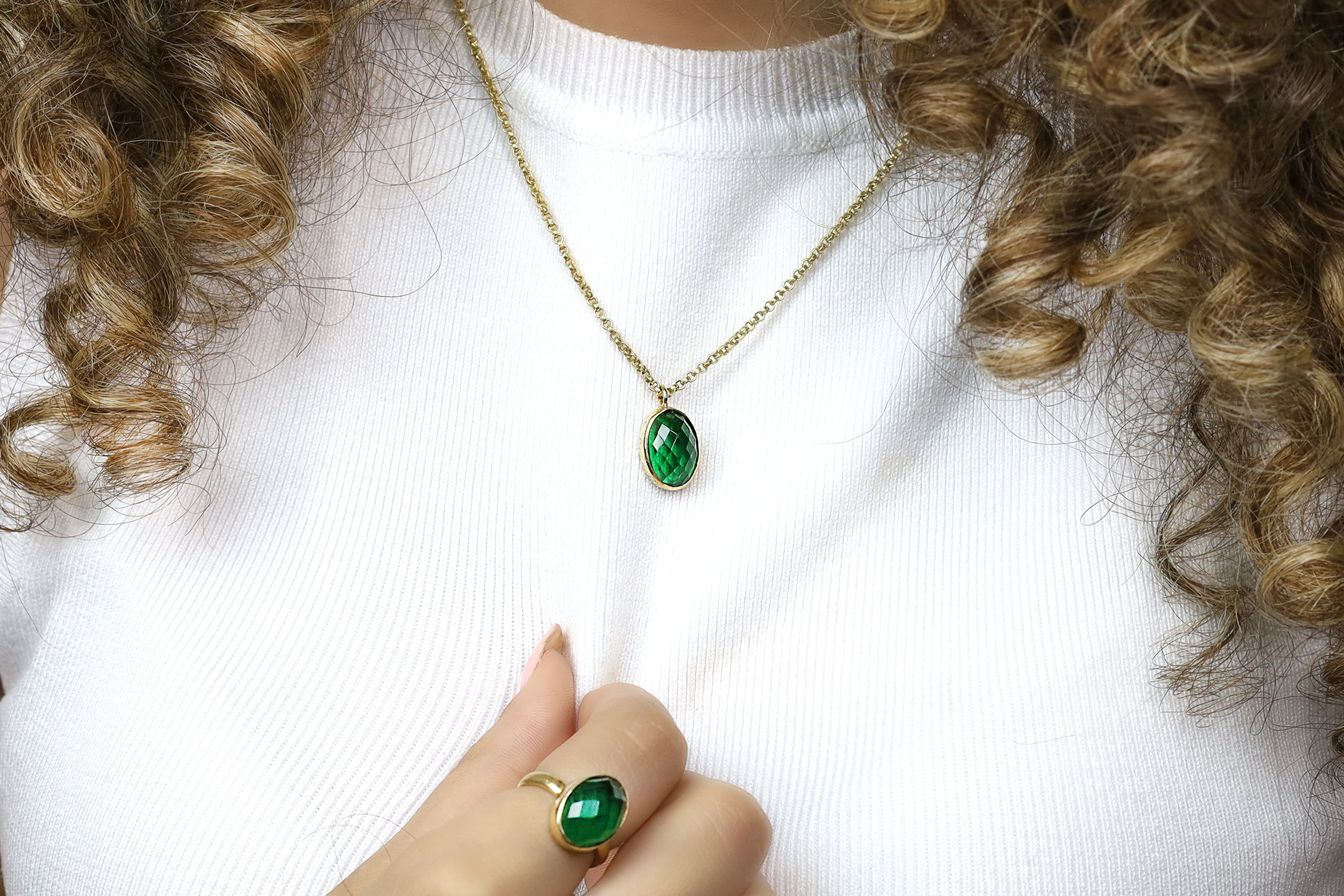 Oval Cut Emerald Bezel Set Gold Pendant Necklace necklaces Anemone Limited