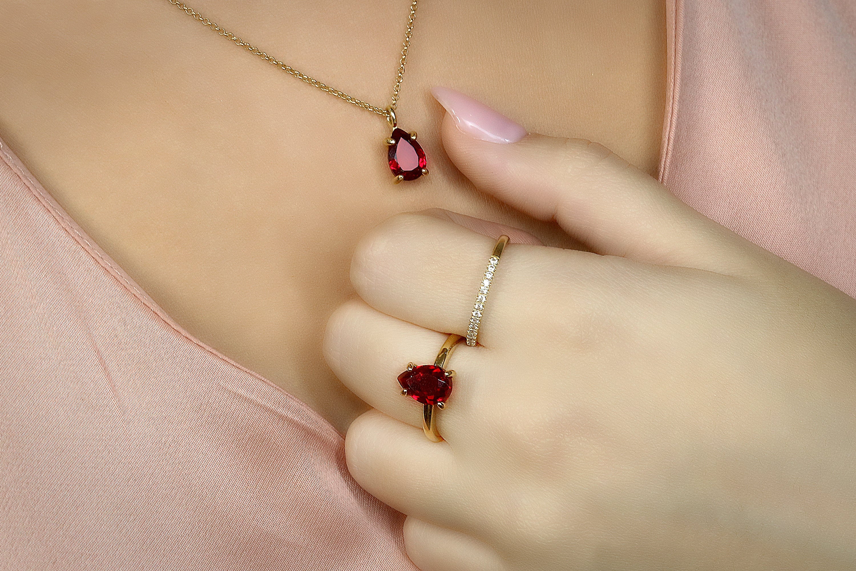 Vibrant Pear Garnet Necklace in Gold necklaces Anemone Unique