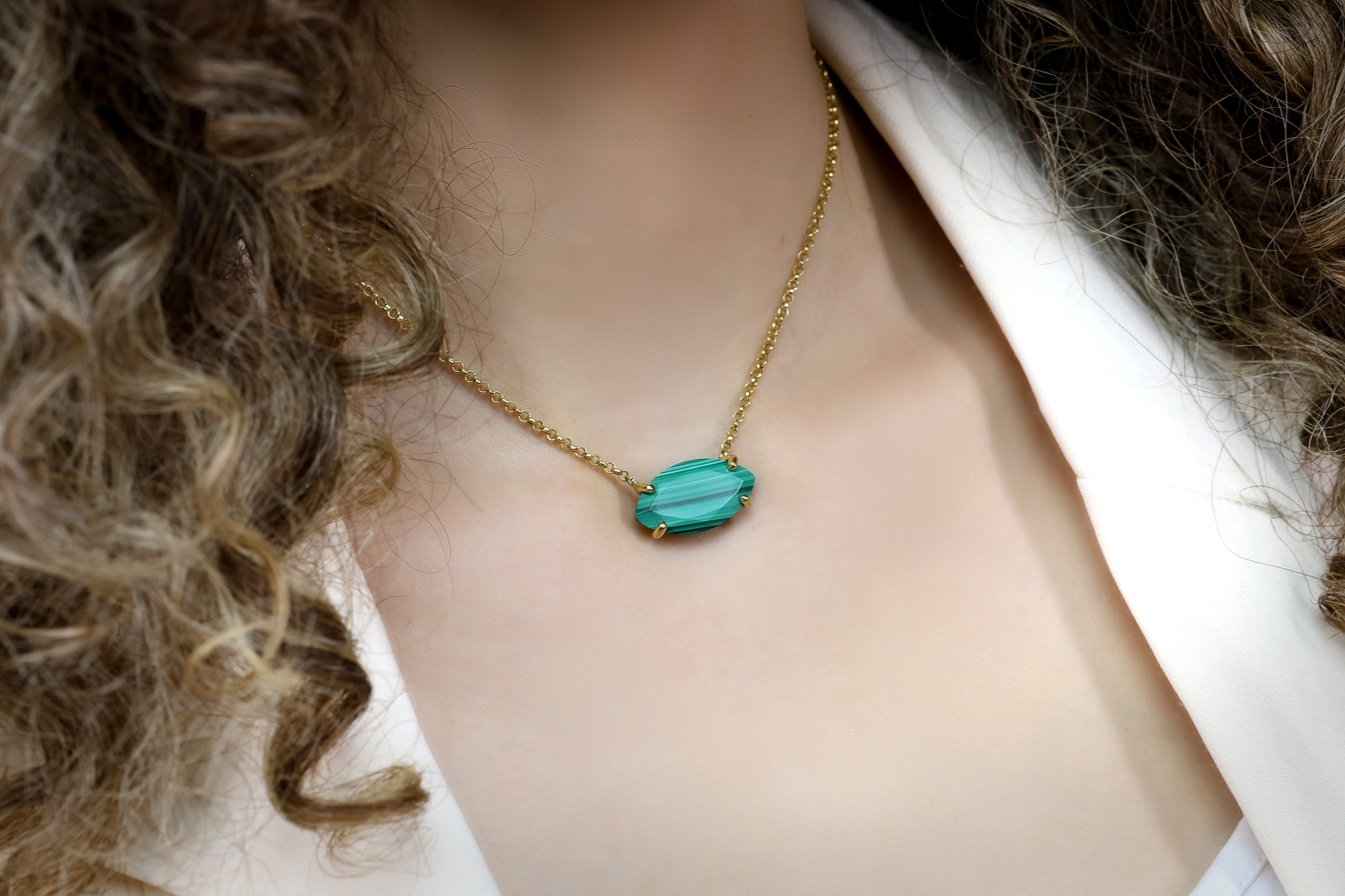 Horizontal Setting Malachite Gold Pendant Necklace necklaces Anemone Jewelry