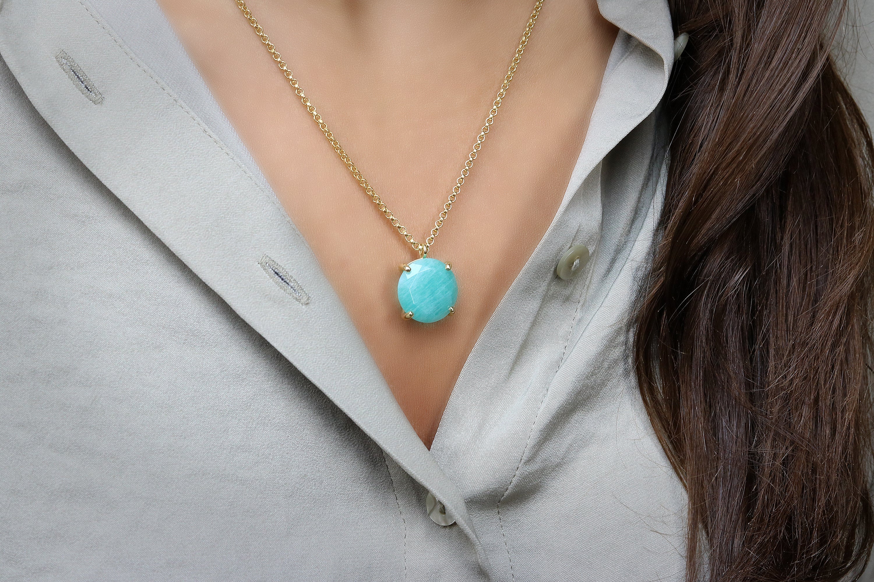 Yellow Gold Necklace with Amazonite Pendant necklaces Anemone Jewelry