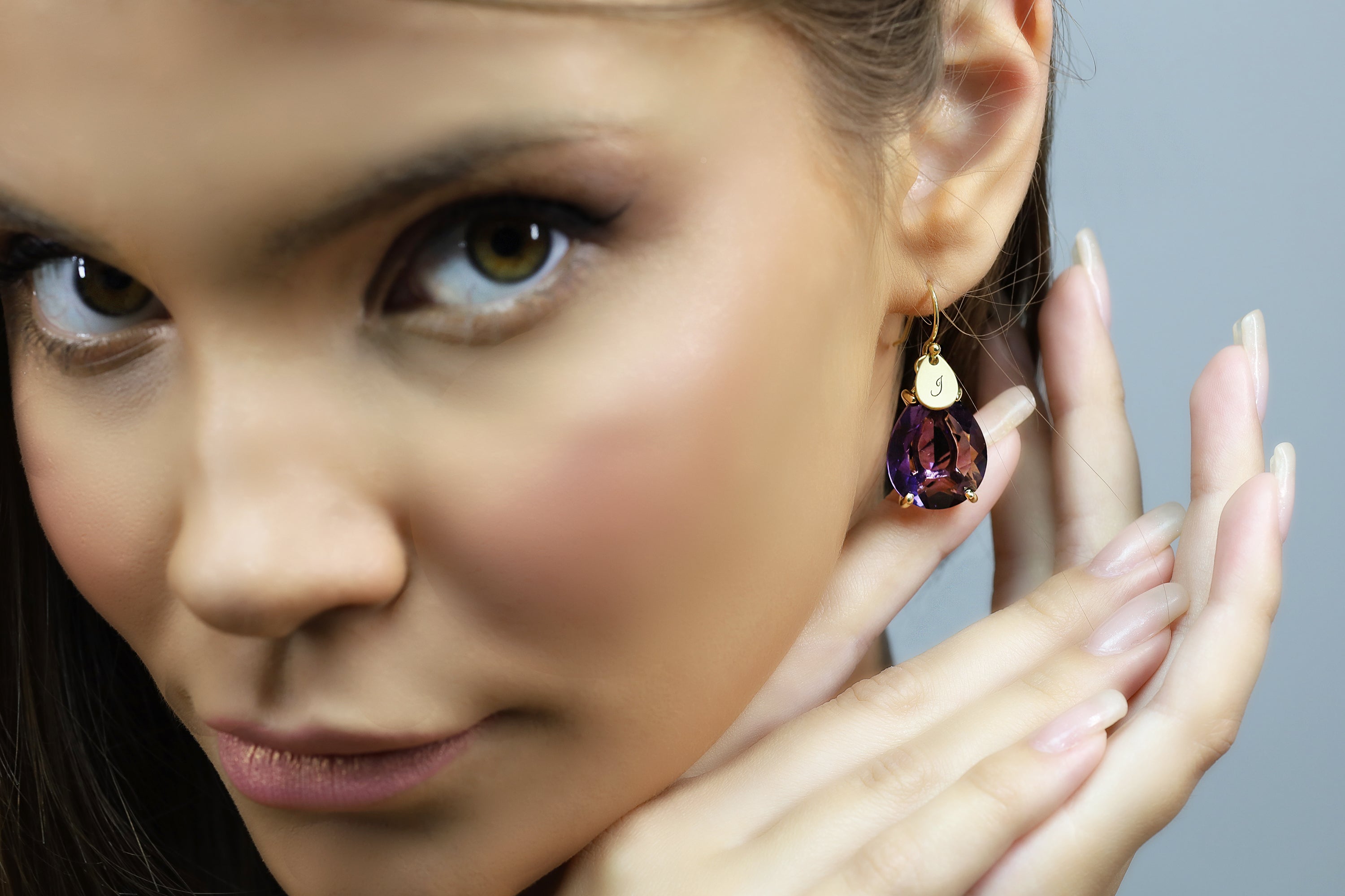 Purple Amethyst Customized Engraved Coin Gold Earrings Earrings Anemone Jewelry