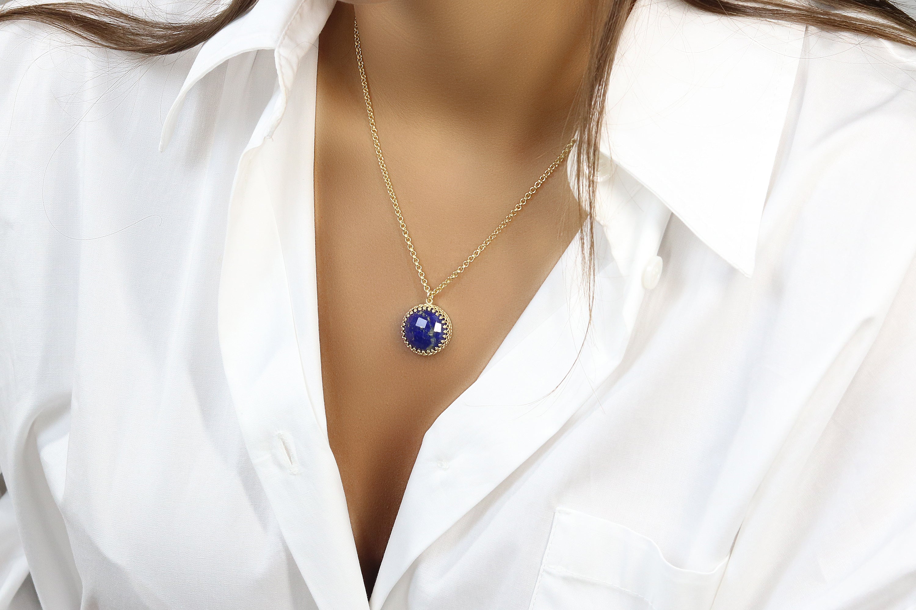 Round Lapis Lazuli Pendant Necklace in 14k Gold necklaces Anemone Jewelry