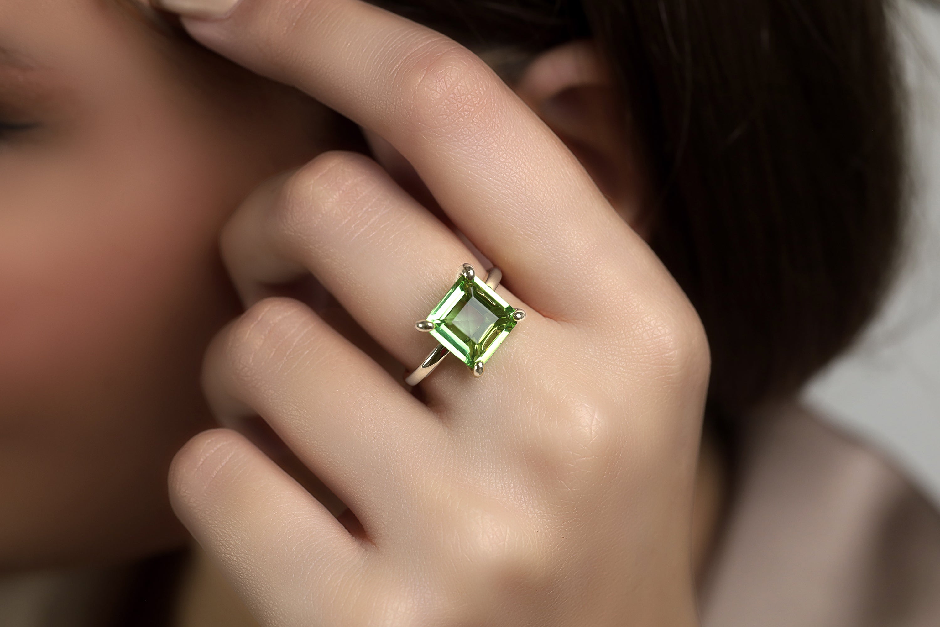 Green Tourmaline Square Solitaire Gold Ring Rings Anemone Unique