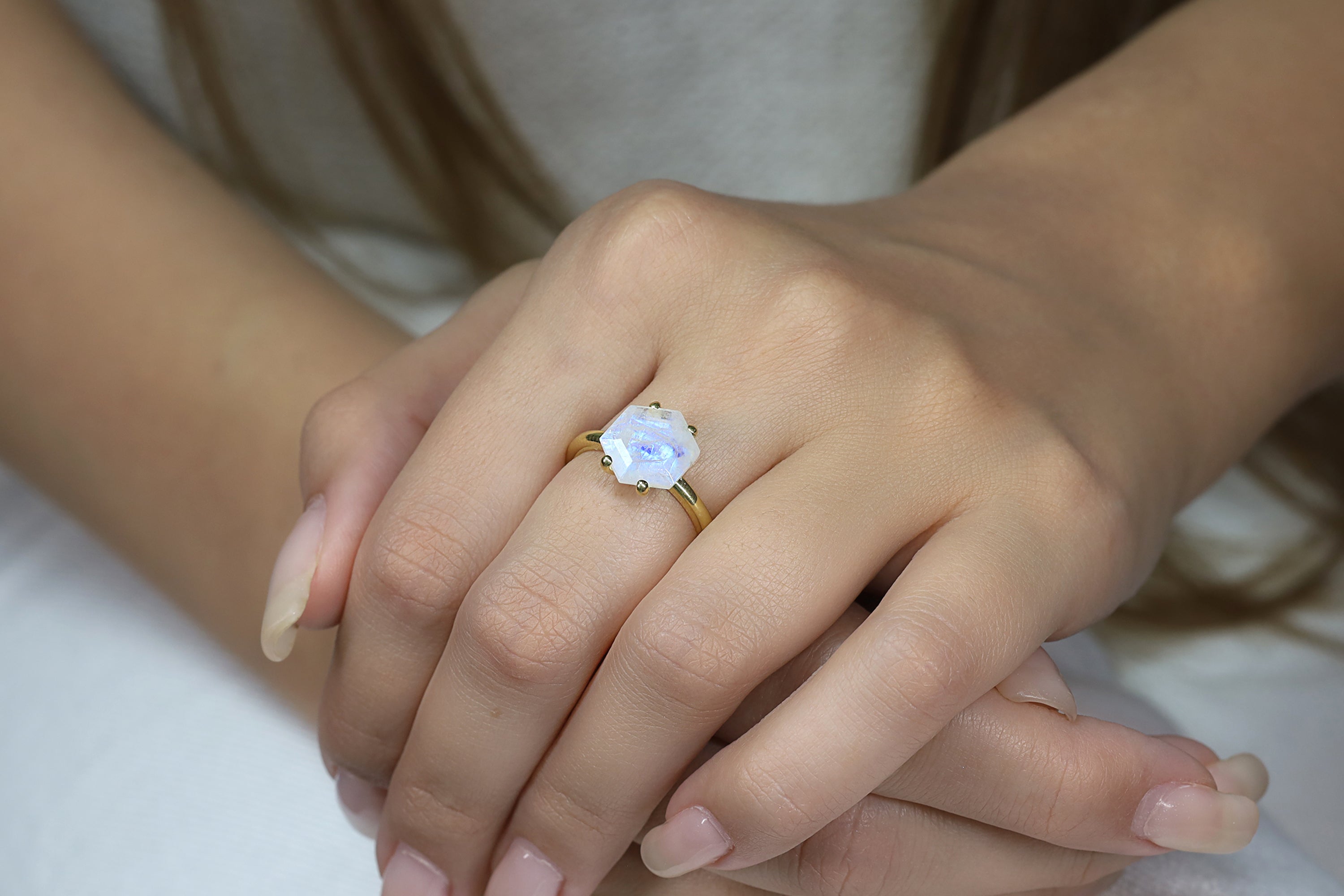 Hexagon Cut Rainbow Moonstone Gold Ring Rings Anemone Unique