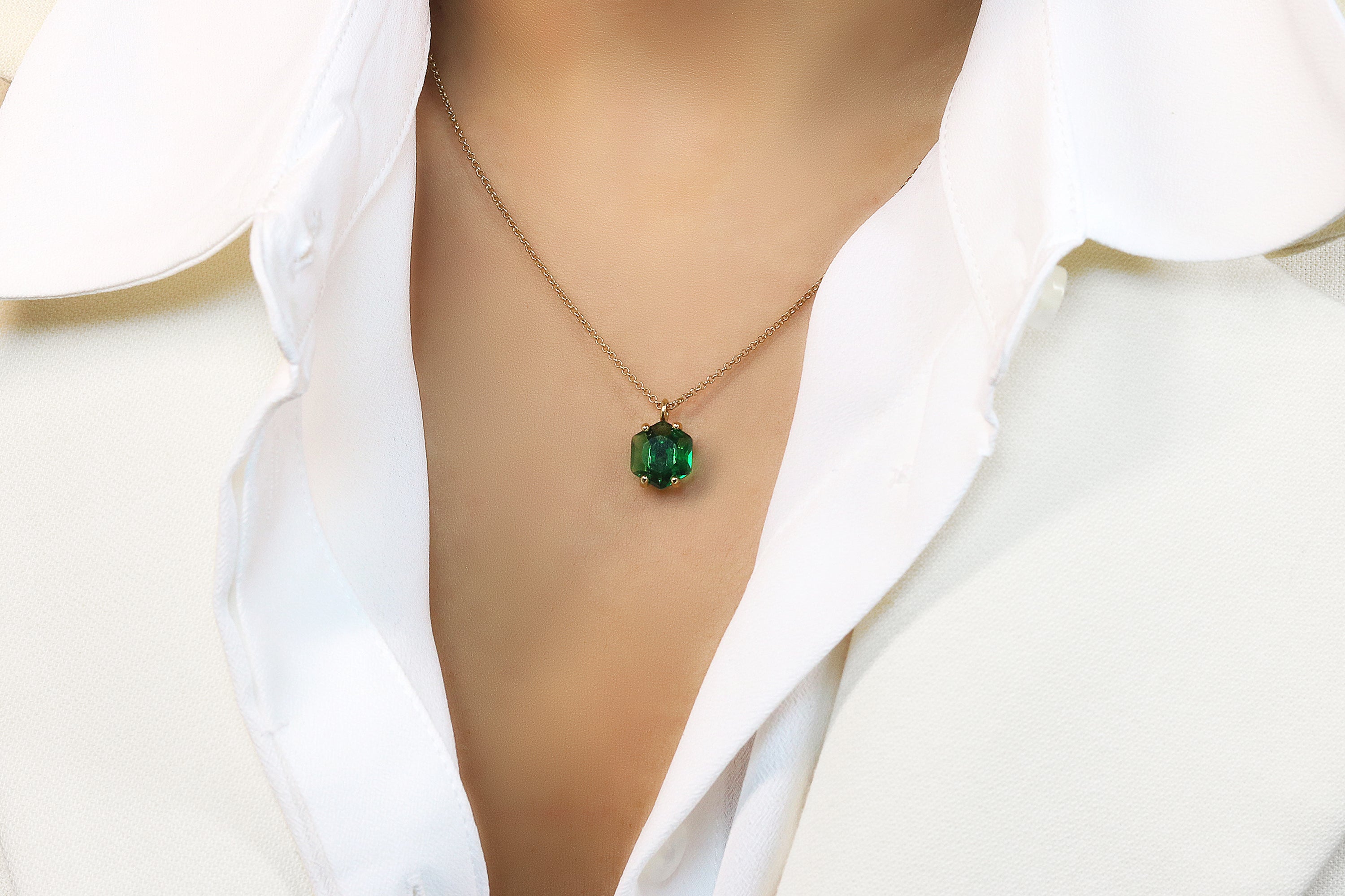 Hexagon Emerald Pendant Necklace in Gold necklaces Anemone Unique